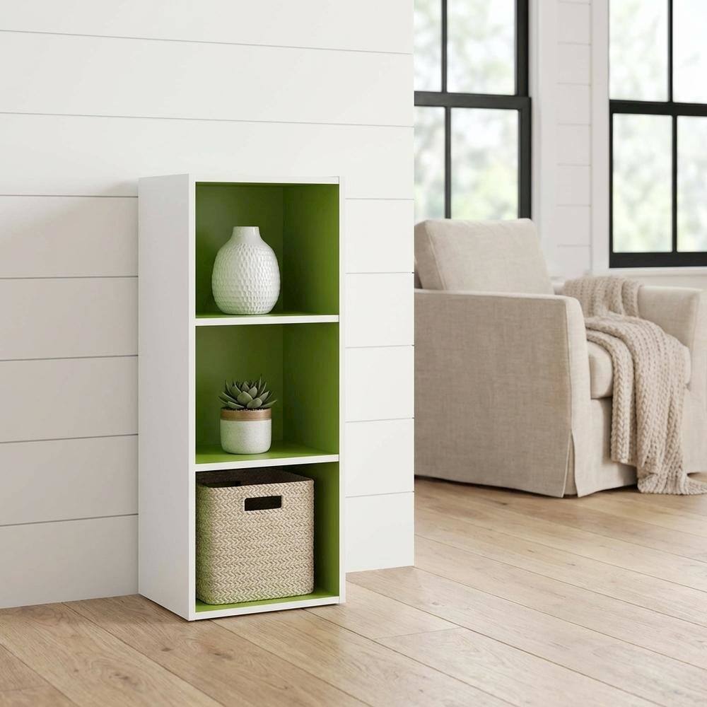 Angle. FurniFact - White/Green 3-Tier Open Shelf Bookcase with Ample Storage and Modern Design - Brown.