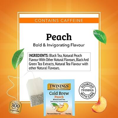 CONTAINS CAFFEINE

Peach  
Bold & Invigorating Flavour

INGREDIENTS: Black Tea, Natural Peach Flavour With Other Natural Flavours, Black And Green Tea Extracts, Natural Tea Flavour with other Natural Flavours.

TWININGS Cold Brew Peach Block Iced Tea  
Deliciously Unsweetened Flavoured Black Tea  
1 Tea Bag

SOURCED TWININGS WITH CARE

over 300 years of Expertise