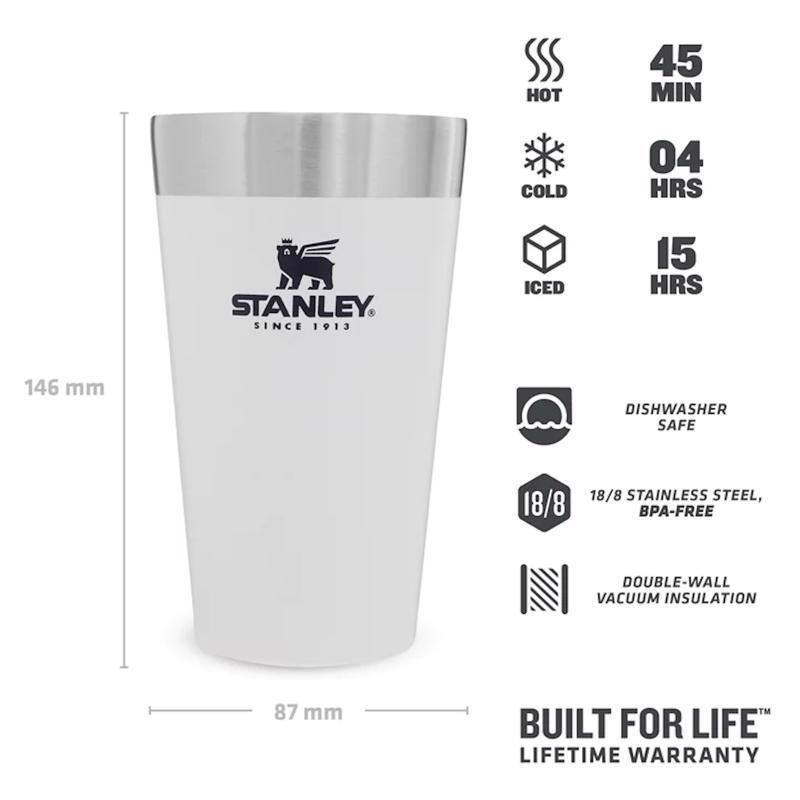 HOT  
45 MIN  
COLD  
04 HRS  
STANLEY SINCE 1913  
ICED  
15 HRS  
146 mm  
DISHWASHER SAFE  
18/8  
18/8 STAINLESS STEEL, BPA-FREE  
DOUBLE-WALL VACUUM INSULATION  
87 mm  
BUILT FOR LIFE LIFETIME WARRANTY