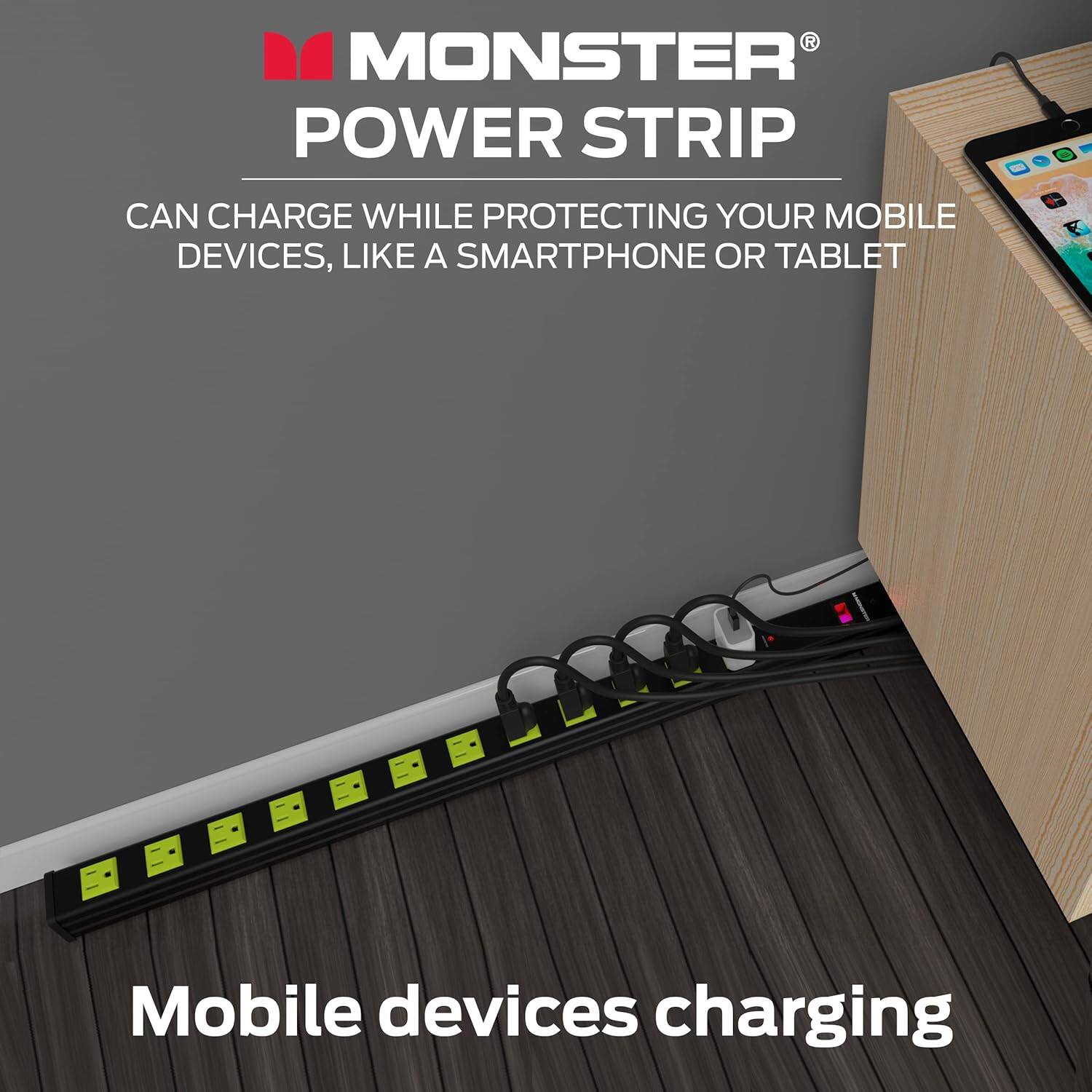 The text on the image reads: "Monster Power Strip - Can charge while protecting your mobile devices, like a smartphone or tablet."