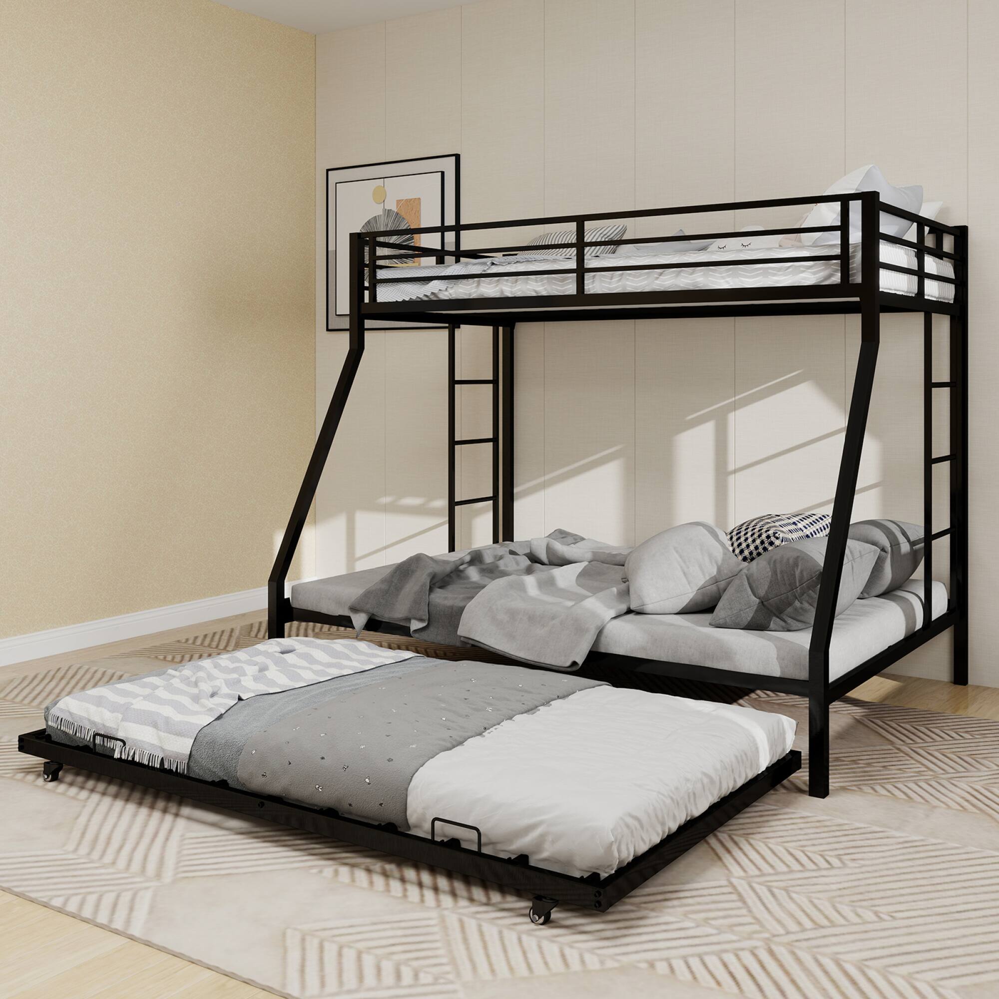 Angle. GOODSILO - Full Size Square Tube Triple Sleeper Bunk Bed with Pull-Out Trundle and Ladder for Space Saving - Black.