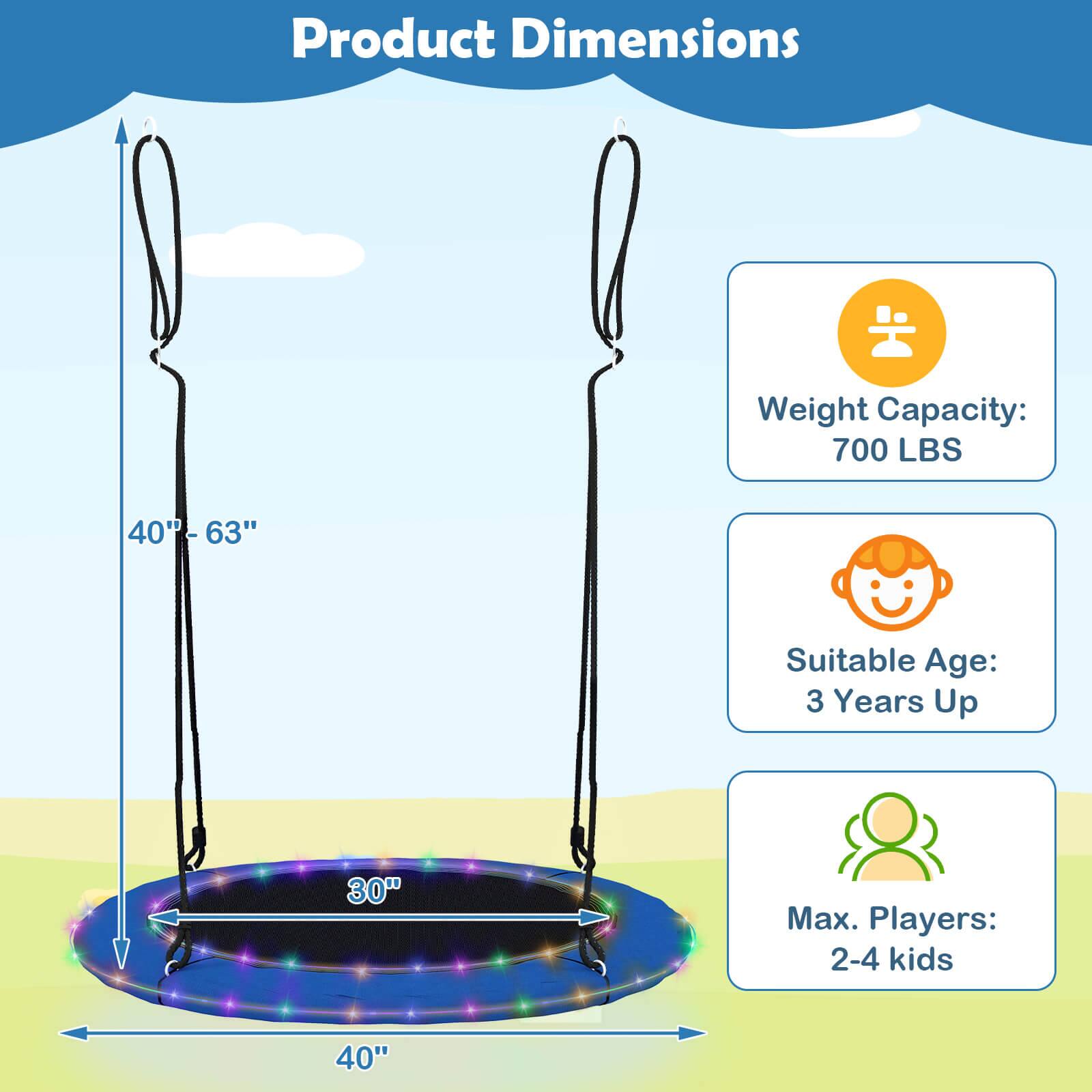 Product Dimensions

Weight Capacity: 700 LBS

Suitable Age: 3 Years Up

Max. Players: 2-4 kids

Dimensions:
- Height: 40" - 63"
- Diameter: 40"
- Width: 30"