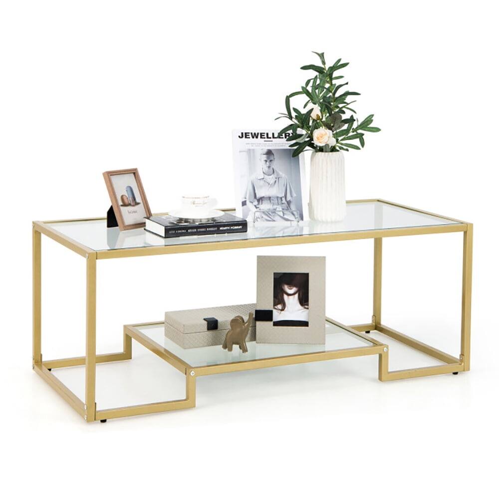 Alt View 3. Resenkos - Modern 2-Tier Rectangular Coffee Table with Glass Table Top-Golden, Modern Coffee Table for Living Room Office Reception - Gold.