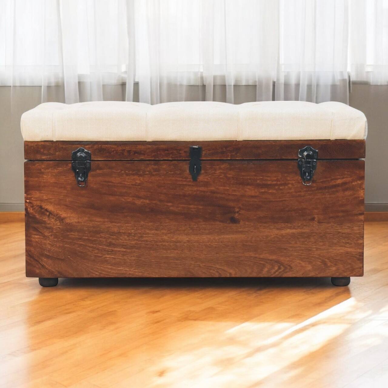 Angle. Artisan Furniture - Artisan Furniture Solid Wood California Walnut White Linen Storage Trunk, Upholstered, Dark Brown & White - Dark Brown & White.