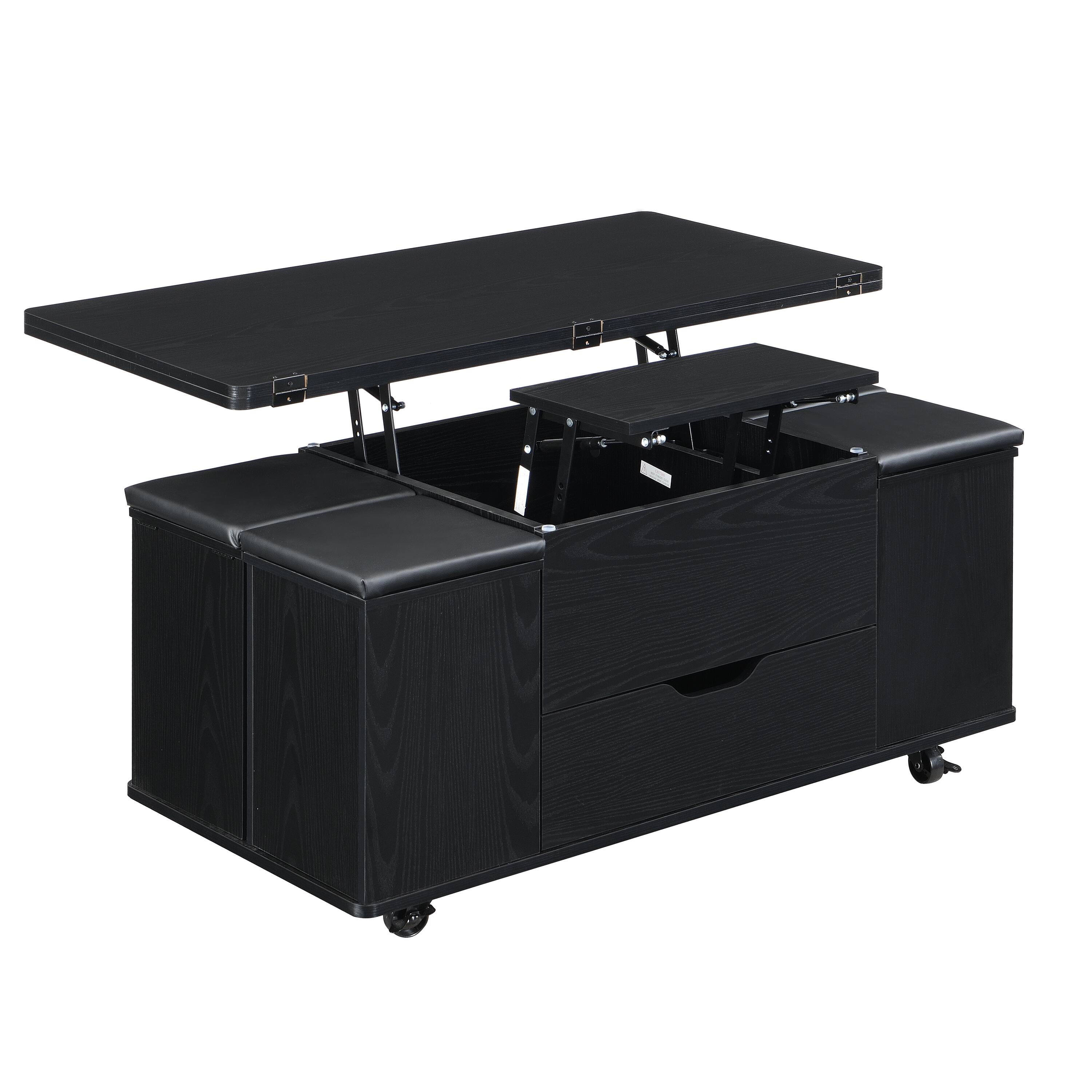 Front. Ecooso - Coffee Table Lift-Top Multi-Functional with Hidden Storage and 4 Stools, Modern Design for Living Room - Black.