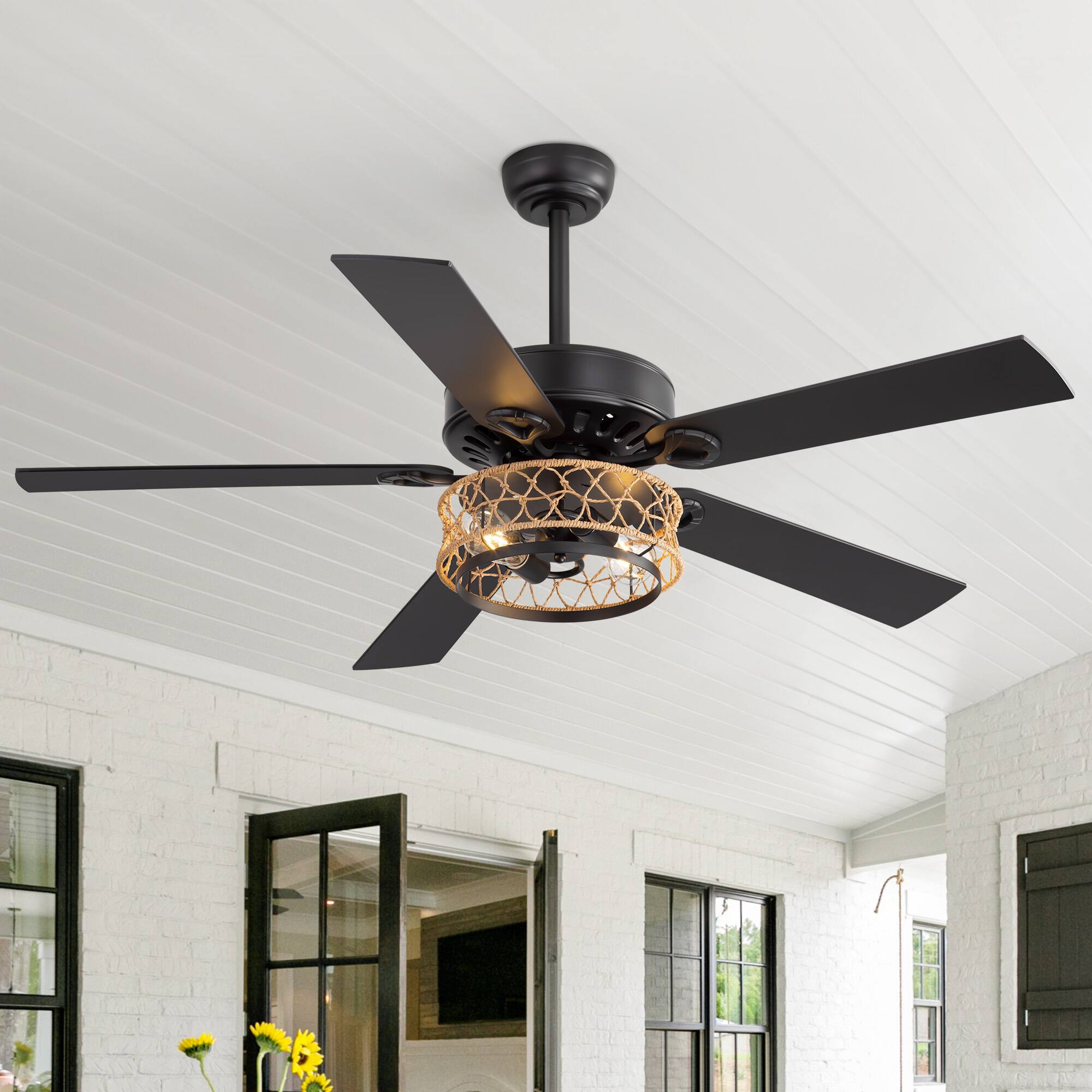 Angle. Breezary - 52-Inch Ceiling Fan with Light, 5 Reversible Blades, E26 Bulb Socket, DC Motor, Remote, Includes 5 & 10-Inch Downrods - matte black and walnut.