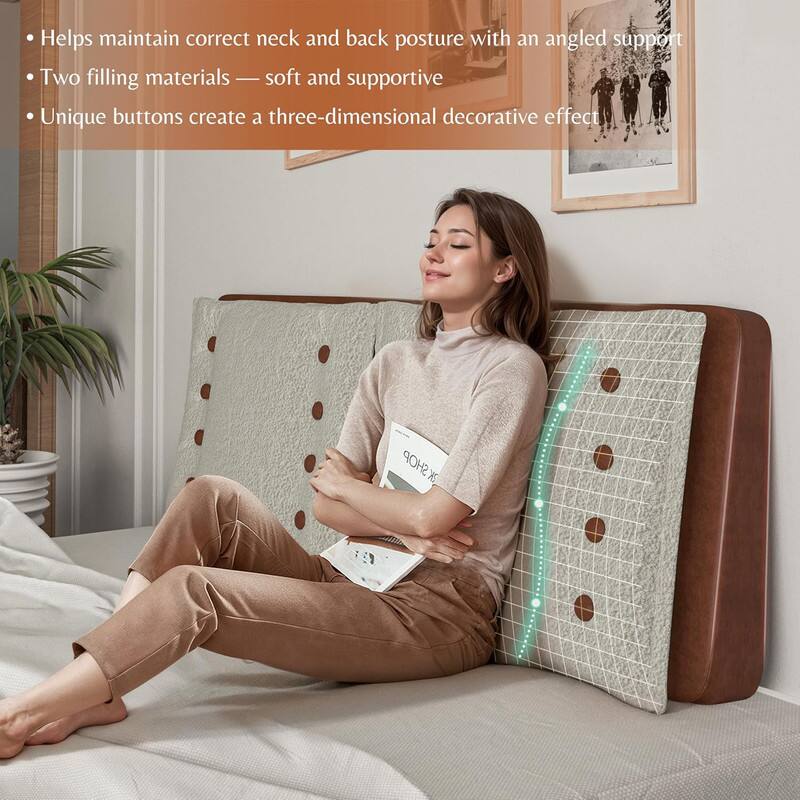 - Helps maintain correct neck and back posture with an angled support
- Two filling materials — soft and supportive
- Unique buttons create a three-dimensional decorative effect