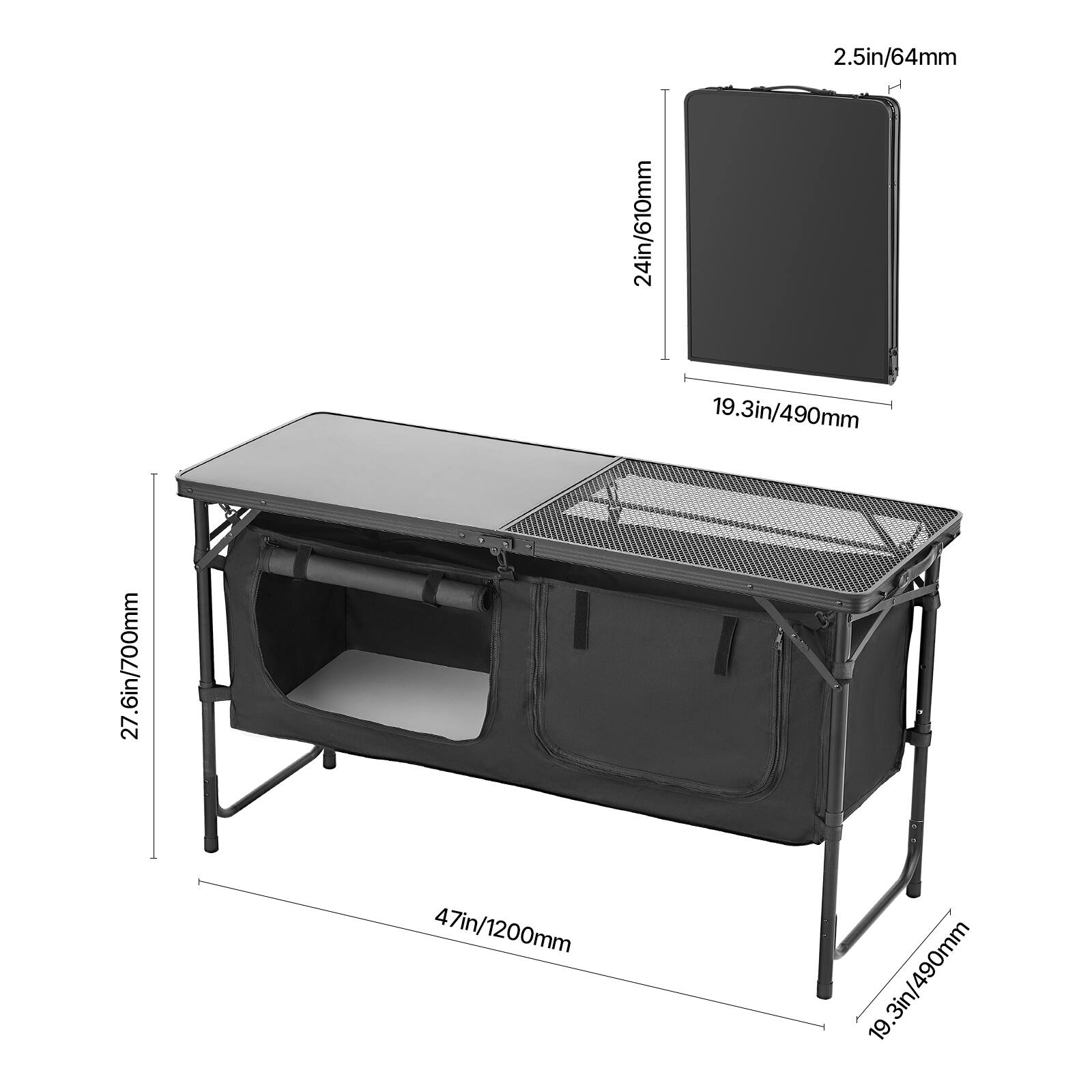 2.5in/64mm, 24in/610mm, 19.3in/490mm, 27.6in/700mm, 47in/1200mm, 19.3in/490mm