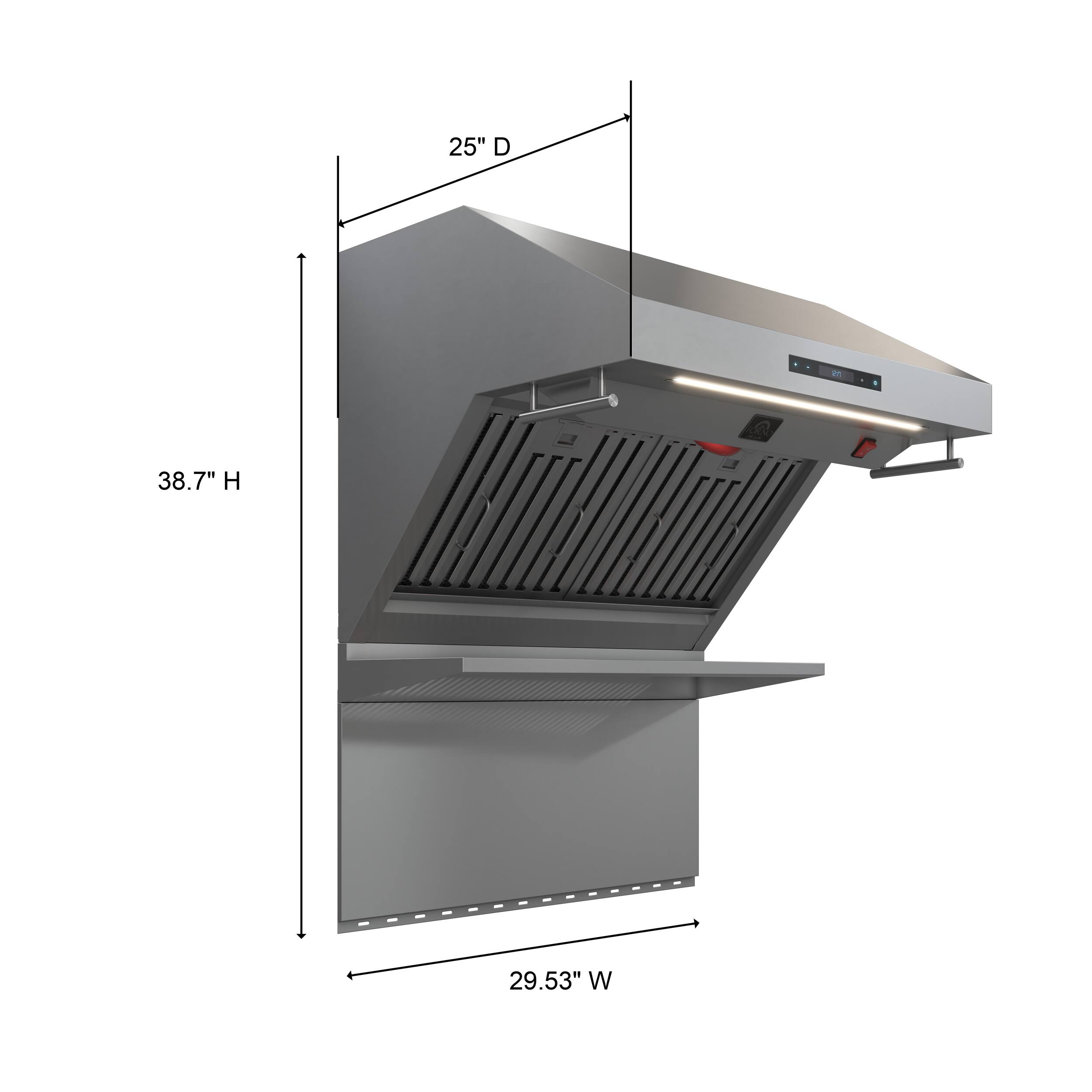 The text on the image reads "25" D 38.7" H 29.53" W." This information indicates the dimensions of the appliance, with the height being 38.7 inches, the width being 29.53 inches, and the depth being 25 inches.