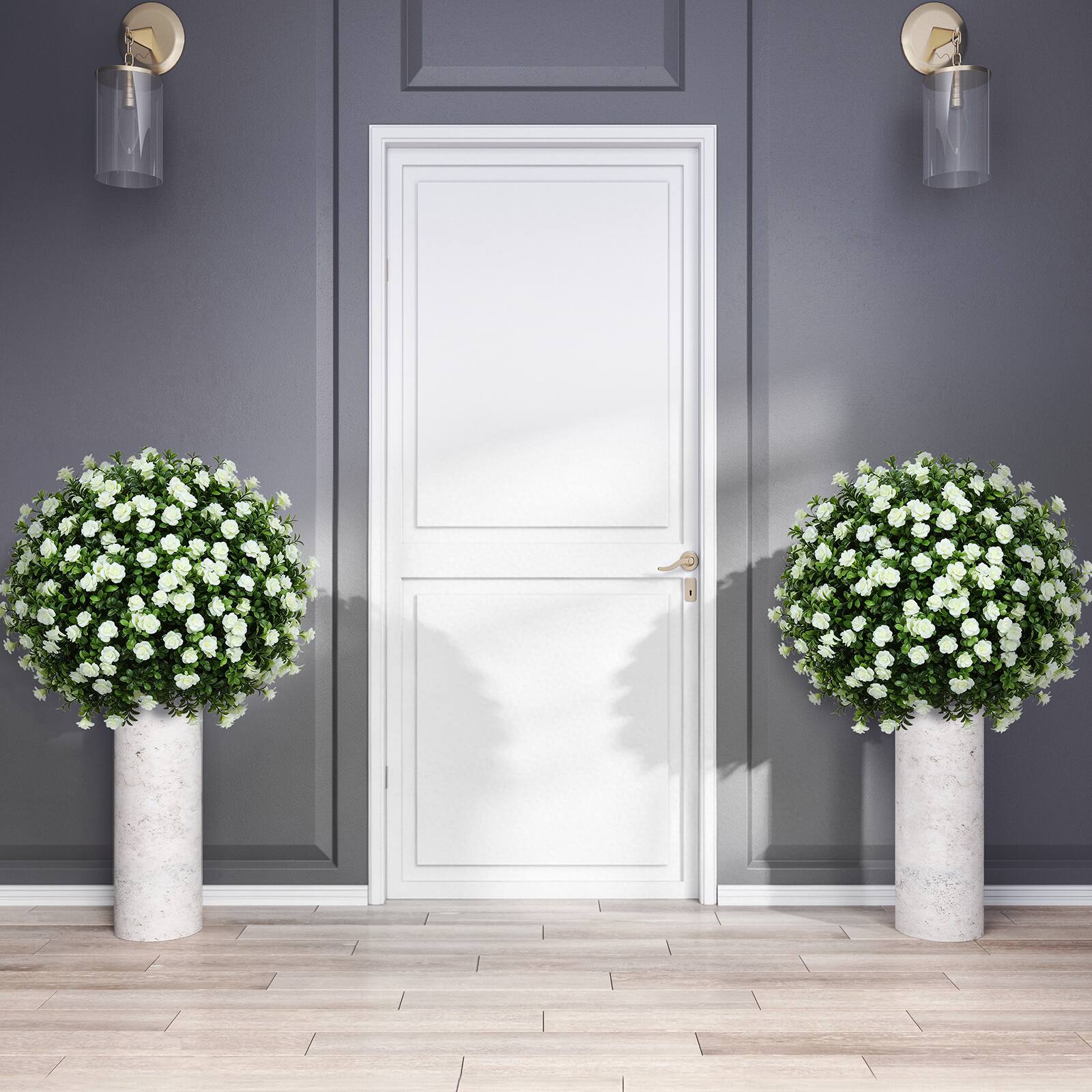 Alt View 1. Oumilen - 2 Pack Artificial White Rose Topiary Trees – UV Resistant Outdoor Fake Plants with Stakes, 26.3in for Garden Yard - White.