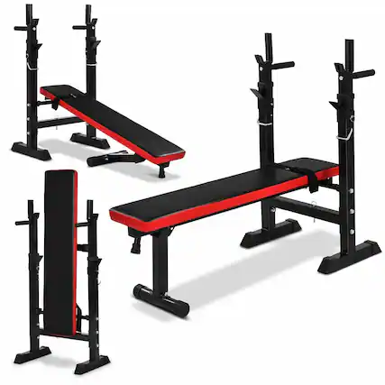 Front. SKONYON - Folding Adjustable Weight Bench with Barbell Rack - Red + Black.