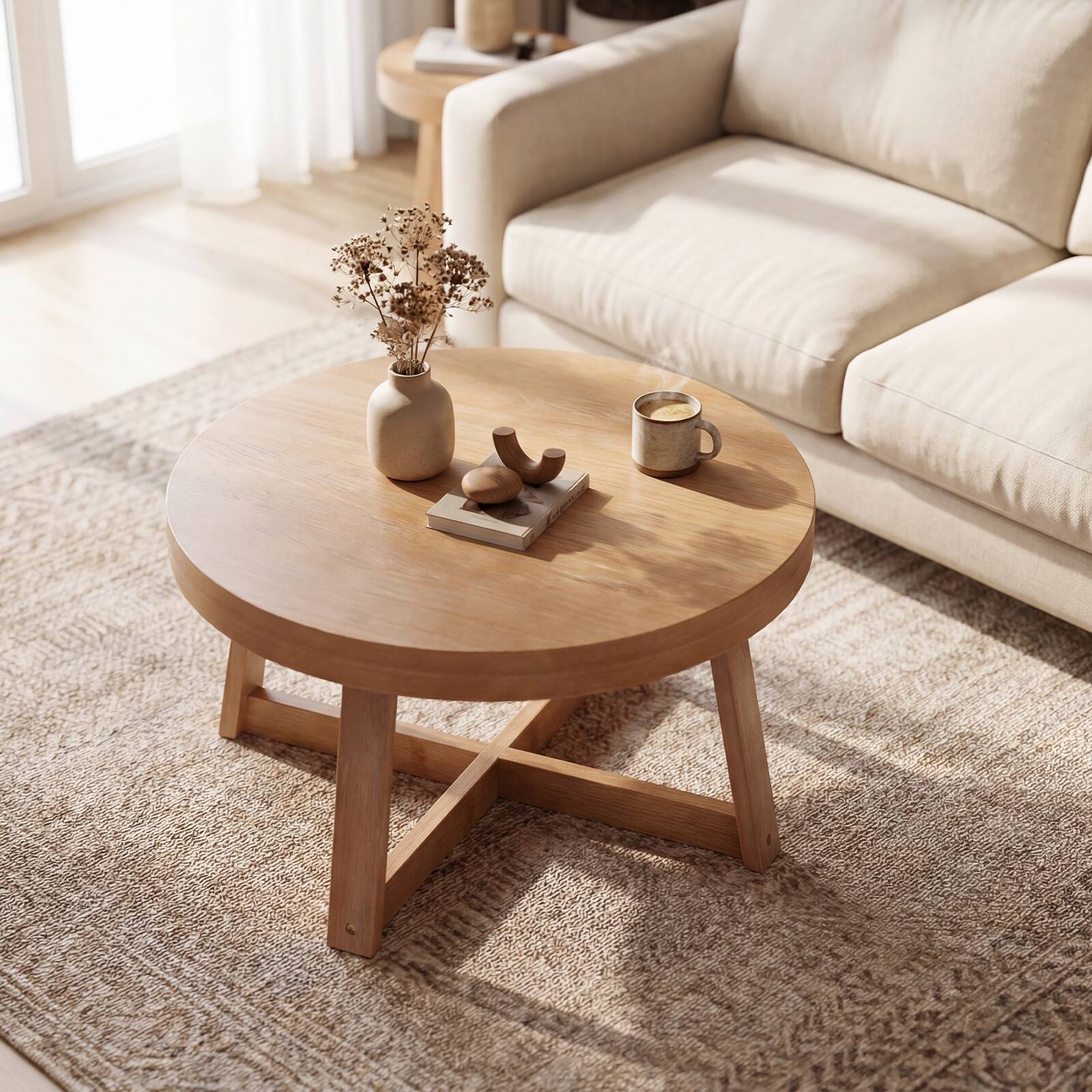 Alt View 3. Costway - Costway Round Coffee Table, 30" Wooden Center Table with Storage, Thickened Top, Cross-Shaped Pine Wood Frame - Natural.