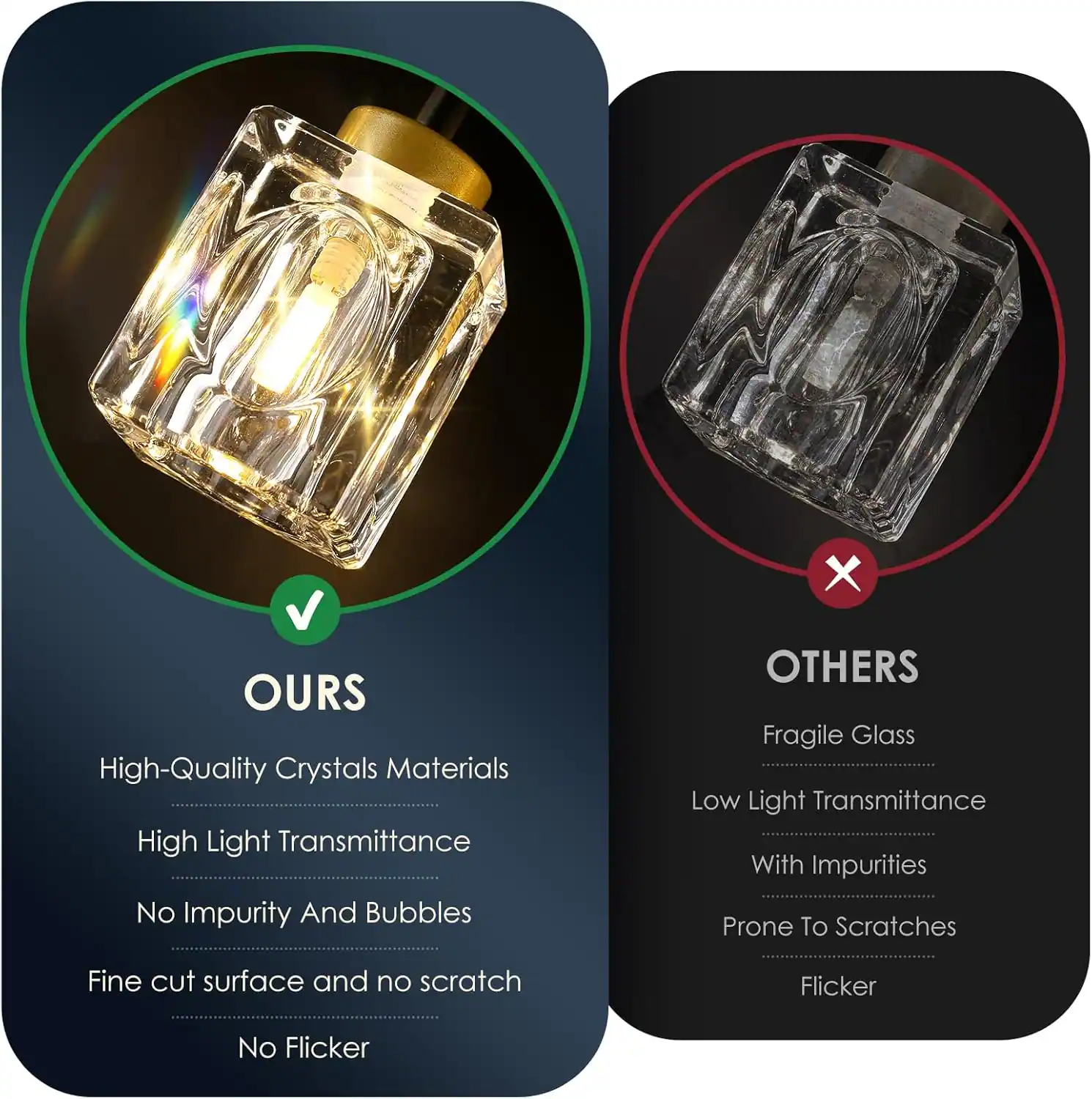 **OURS**  
- High-Quality Crystals Materials  
- High Light Transmittance  
- No Impurity And Bubbles  
- Fine cut surface and no scratch  
- No Flicker  

**OTHERS**  
- Fragile Glass  
- Low Light Transmittance  
- With Impurities  
- Prone To Scratches  
- Flicker