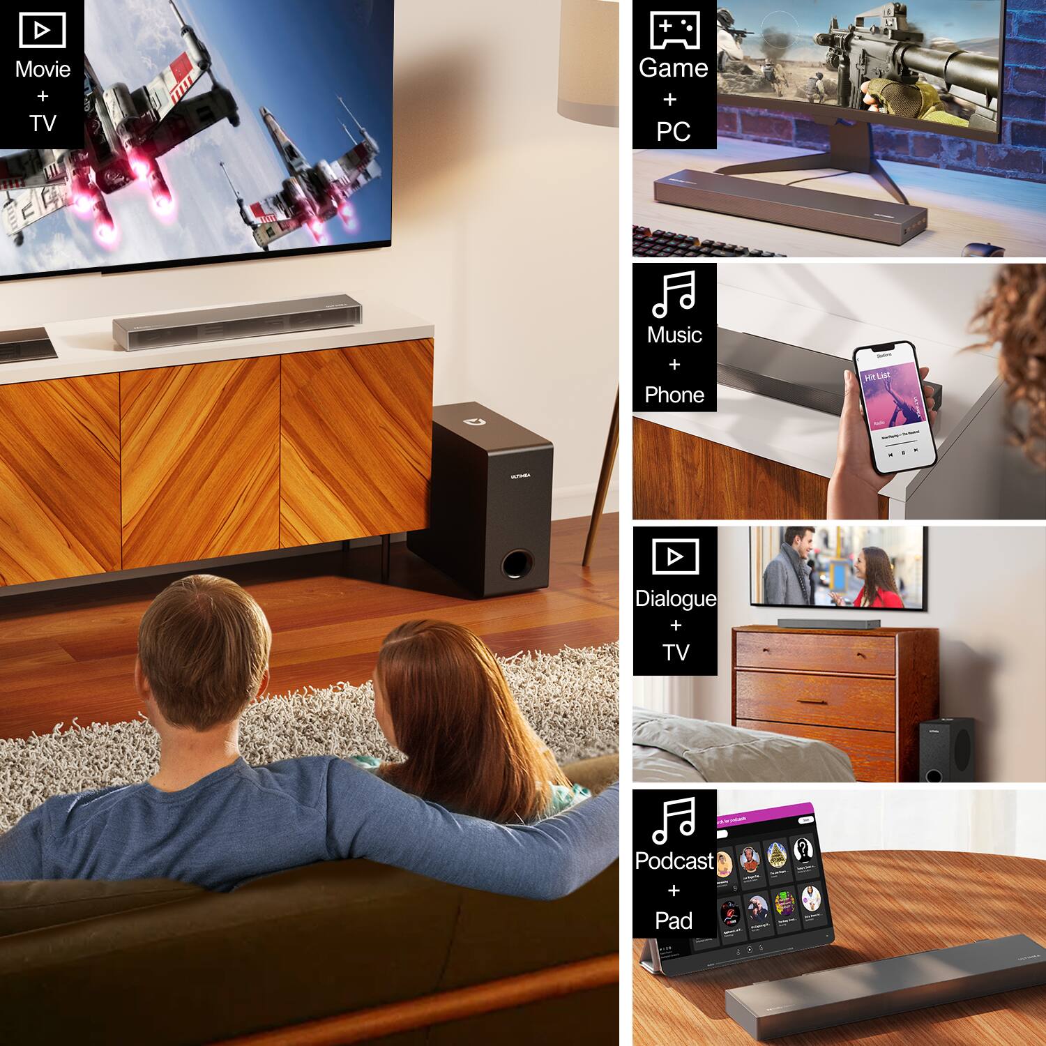 - Movie + TV
- Game + PC
- Music + Phone
- Dialogue + TV
- Podcast + Pad