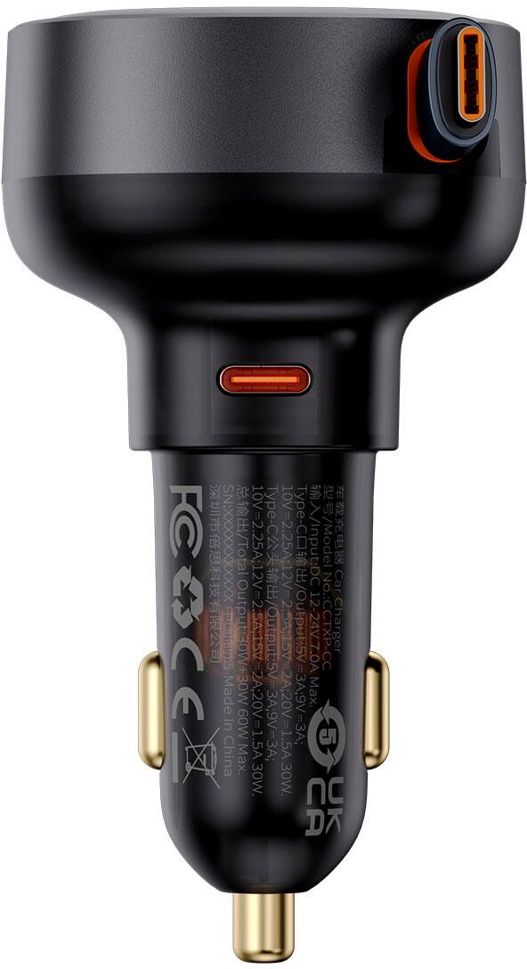 The text on the image reads:

SN:XXXXXXXXXXX / Model: FCACE   Output: 30W+30W  10V=2.25A; 12V=2.5A-15V=2A; 20V=1.5A   MOAT=AT -/   Input: DC12-24V 7.0A  12-24V 7.0A   No.: CCTXP-CC   Charger Car Made Max. in 60W 3A; 9V-; 5 China Max. 1.5A  30W. 30W. nC DT