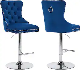 Trinkets Crazed - Swivel Bar Stools Set of 2 with Upholstered Back, Adjustable Counter Height Barstools - Blue