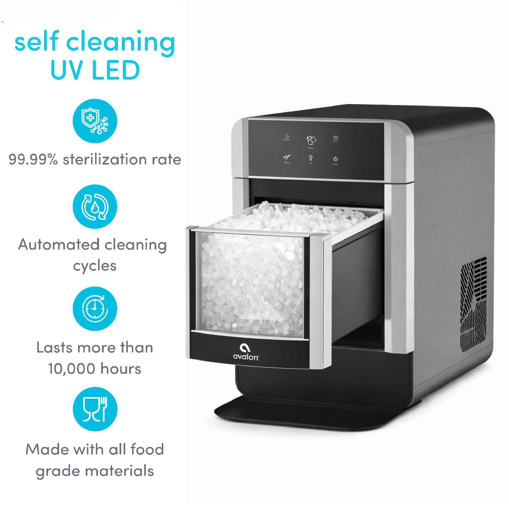 self cleaning UV LED  
99.99% sterilization rate  
Automated cleaning cycles  
Lasts more than 10,000 hours  
Made with all food grade materials