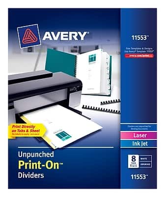 AVERY 11553  
Free Templates & Designs  
Print Directly on Tabs & Sheet  
Unpunched Print-On Dividers  
Laser Ink Jet  
8 Tabs  
White  
11553