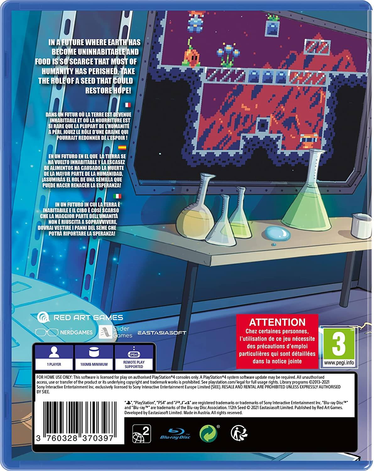 **In a future where Earth has become uninhabitable and food is so scarce that most of humanity has perished, take the role of a seed that could restore hope!**

**Dans un futur où la Terre est devenue inhabitable et la nourriture est si rare que la plupart de l'humanité a péri, jouez le rôle d'une graine qui pourrait redonner de l'espoir!**

**En un futuro en el que la Tierra se ha vuelto inhabitable y la escasez de alimentos ha causado la muerte de la mayor parte de la humanidad, asumirás el rol de una semilla que puede hacer renacer la esperanza!**

**In un futuro in cui la Terra è divenuta inabitabile e il cibo è così scarso che la maggior parte dell'umanità non riesce a sopravvivere, dovrai vestire i panni del seme che potrà riportare la speranza!**

---

**Attention**  
Chez certaines personnes, l'utilisation de ce jeu nécessite des précautions d'emploi particuliers qui sont détaillées dans la notice jointe  
www.pegi.info

---

