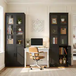 Aheaplus - 79.7'' Tall Freestanding Bookcase with Glass Doors and Adjustable Shelves, Set of 2 - Black