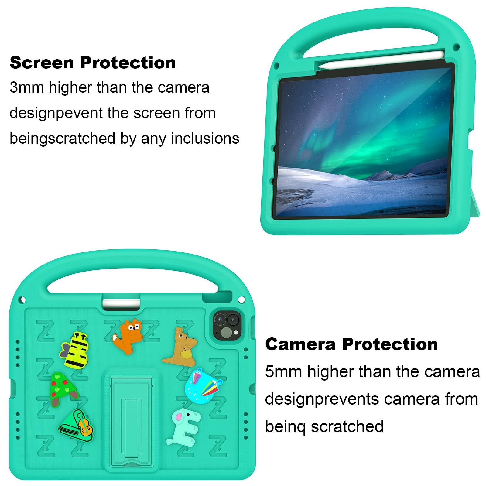 Screen Protection  
3mm higher than the camera design prevents the screen from being scratched by any inclusions

Camera Protection  
5mm higher than the camera design prevents the camera from being scratched