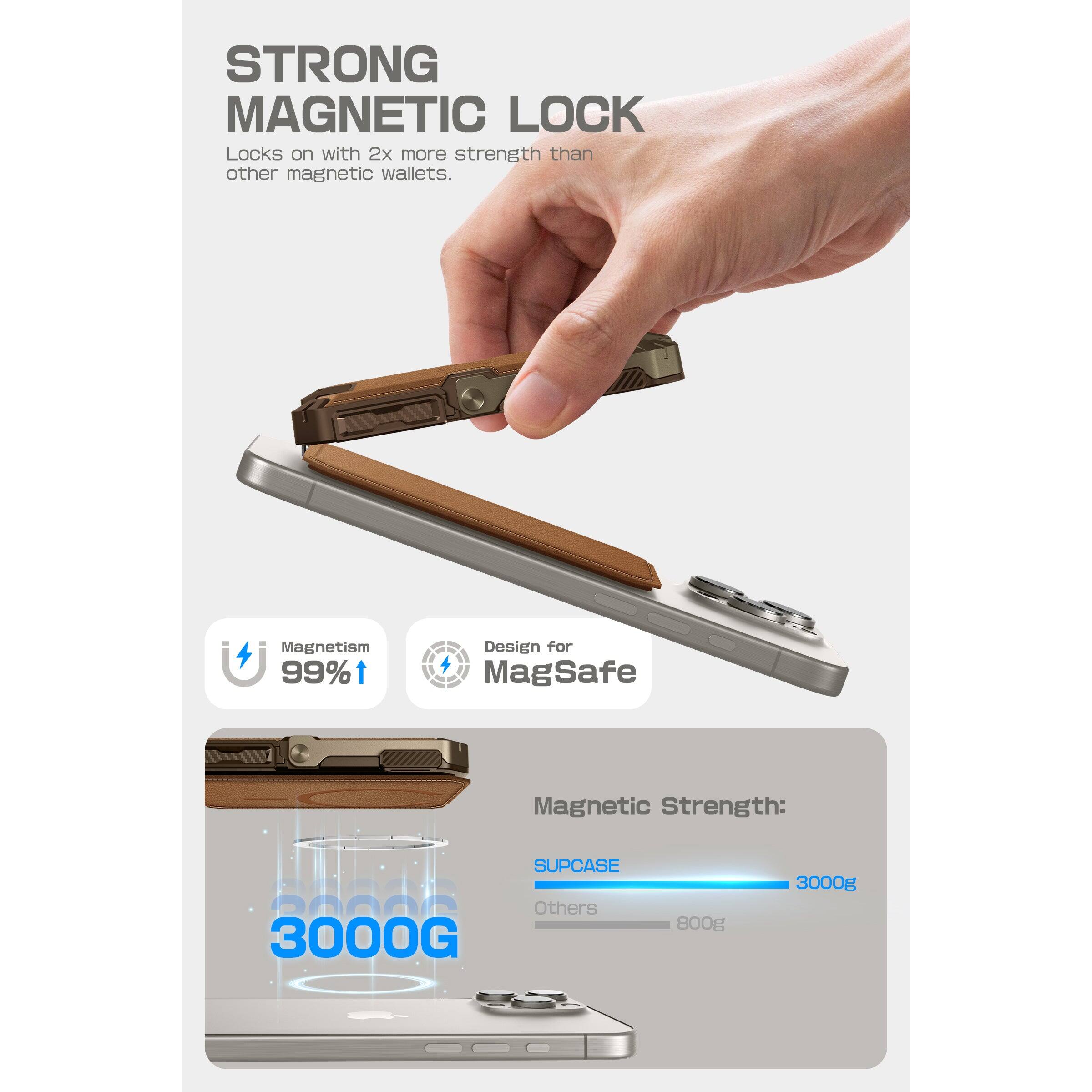 STRONG MAGNETIC LOCK  
Locks on with 2x more strength than other magnetic wallets.

Magnetism 99%↑  
Design for MagSafe

Magnetic Strength:  
SUPCASE 3000G  
Others 800g

3000G