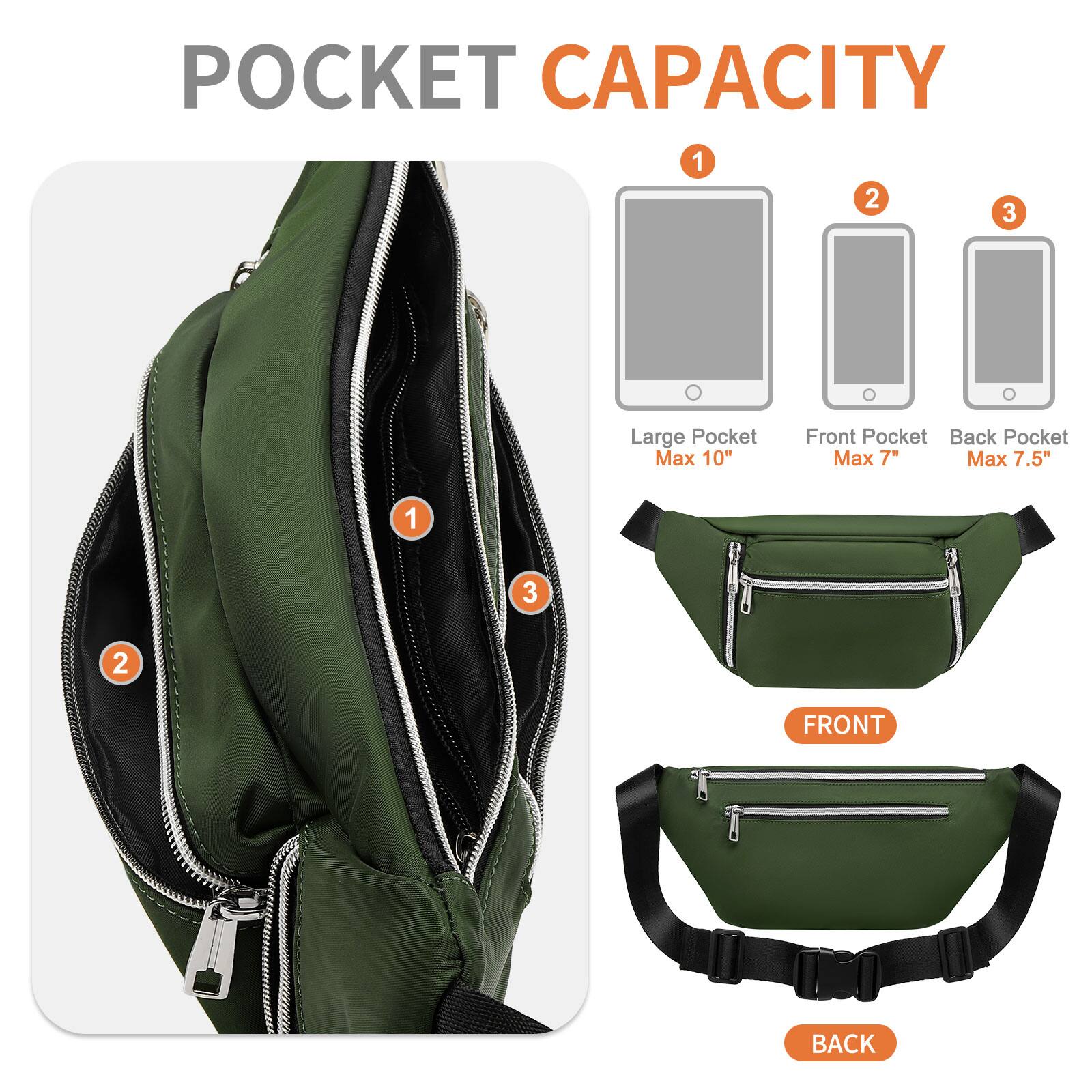POCKET CAPACITY

1. Large Pocket Max 10"
2. Front Pocket Max 7"
3. Back Pocket Max 7.5"

FRONT
BACK