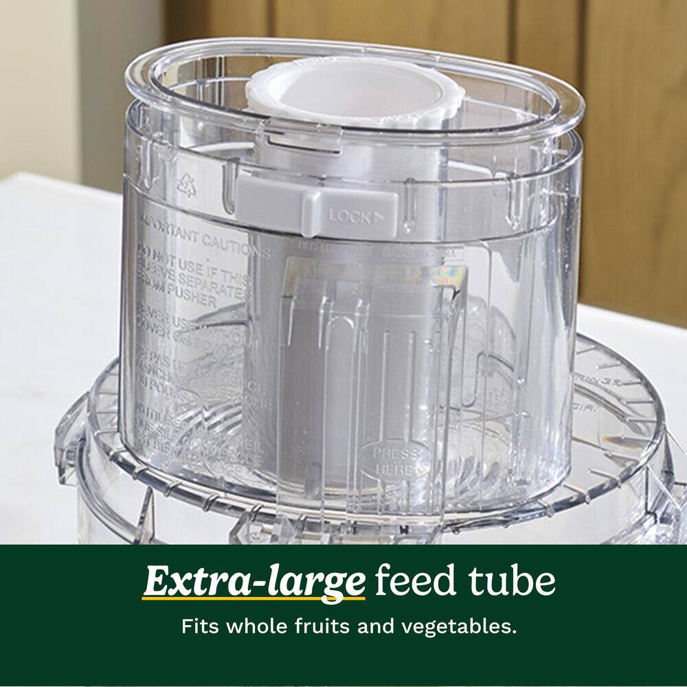 Extra-large feed tube  
Fits whole fruits and vegetables.  

IMPORTANT CAUTIONS  
DO NOT USE IF THIS SEPARATES FROM PUSHER  
EVER USE OVER