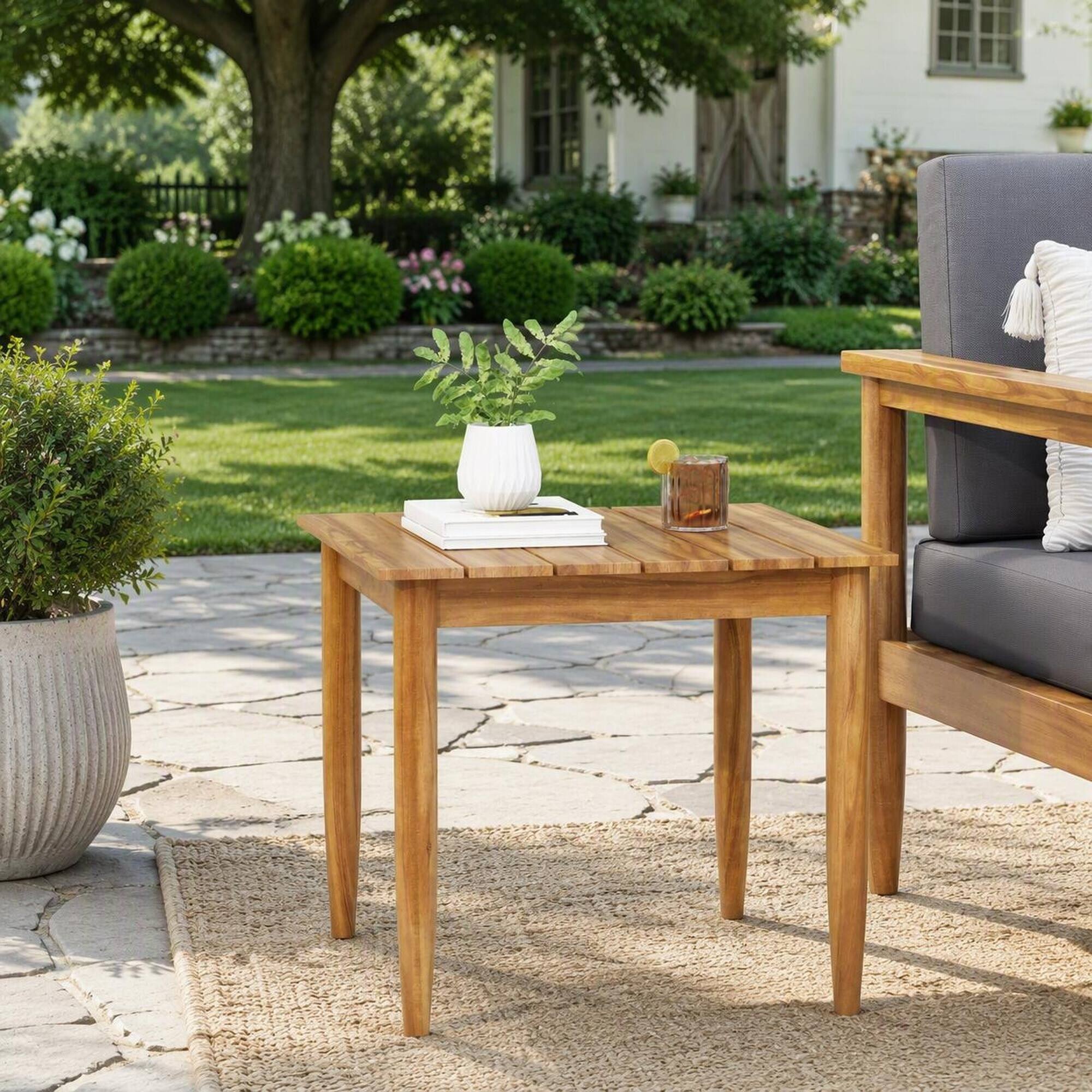 Angle. RYHNUYNE - Wood Outdoor Side Table,Square Patio End Table for Backyard Porch Deck - Teak.