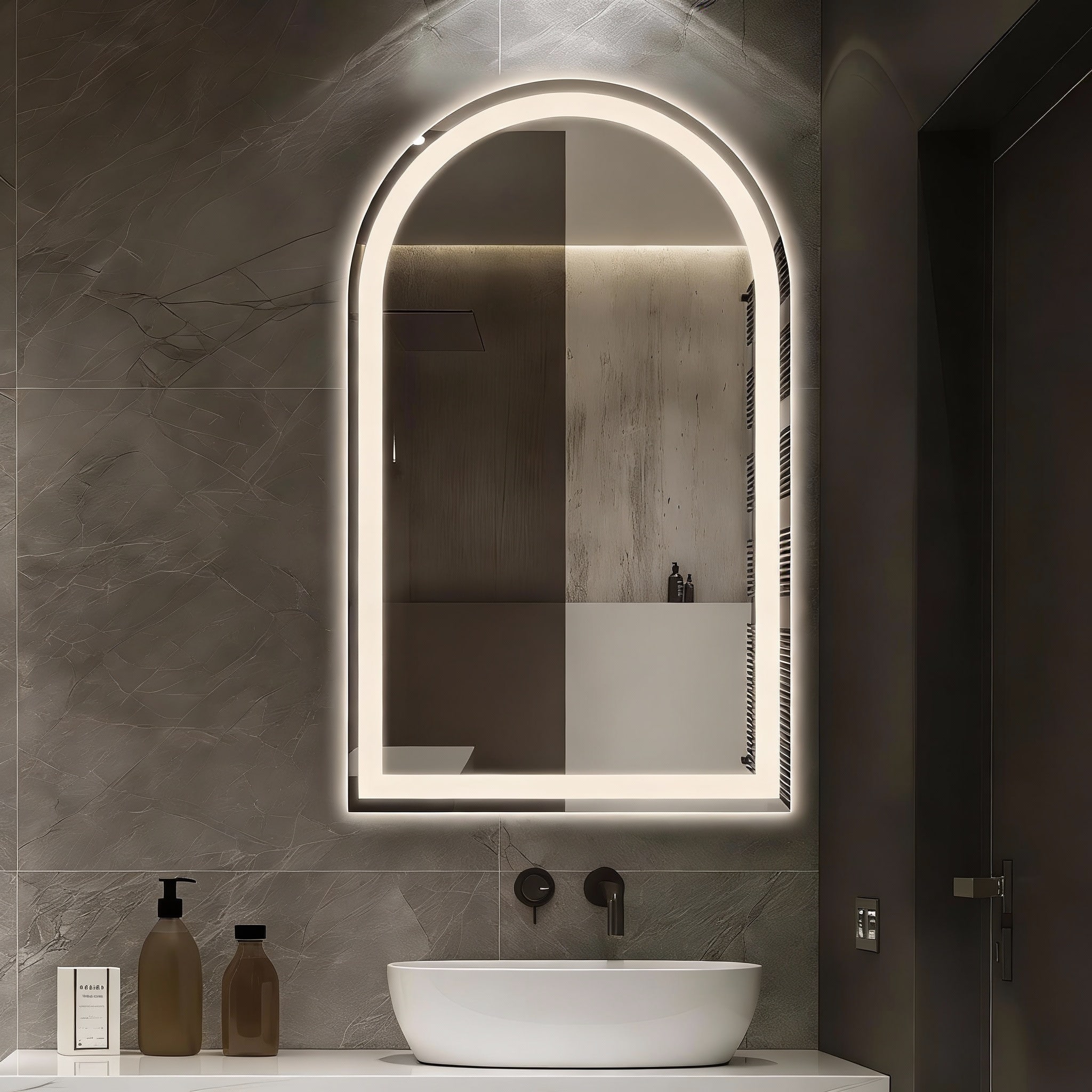 METALTON - Arched Led Bathroom Mirror Arch Wall Mounted Frameless For Vanity Smart Lighted Frontlit Mirrors With Memor - Vertical 33"L x 20"W