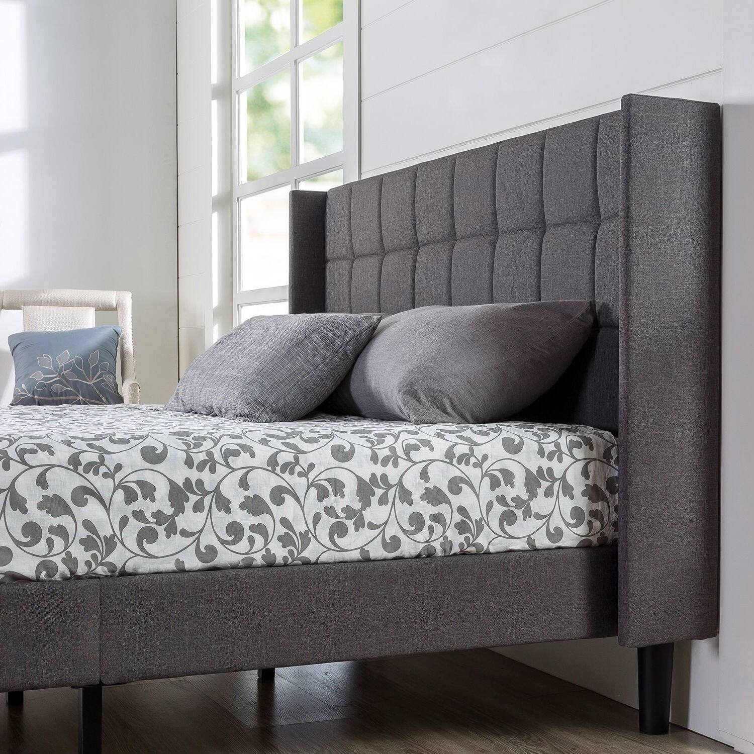 Left. Hivvago - Hivvago Queen size Grey Wingback Upholstered Platform Bed - Grey.