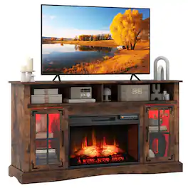 Gymax - Fireplace TV Stand w/ Remote Controls & Thermostat Storage Cabinets Brown - Black, Rustic Brown