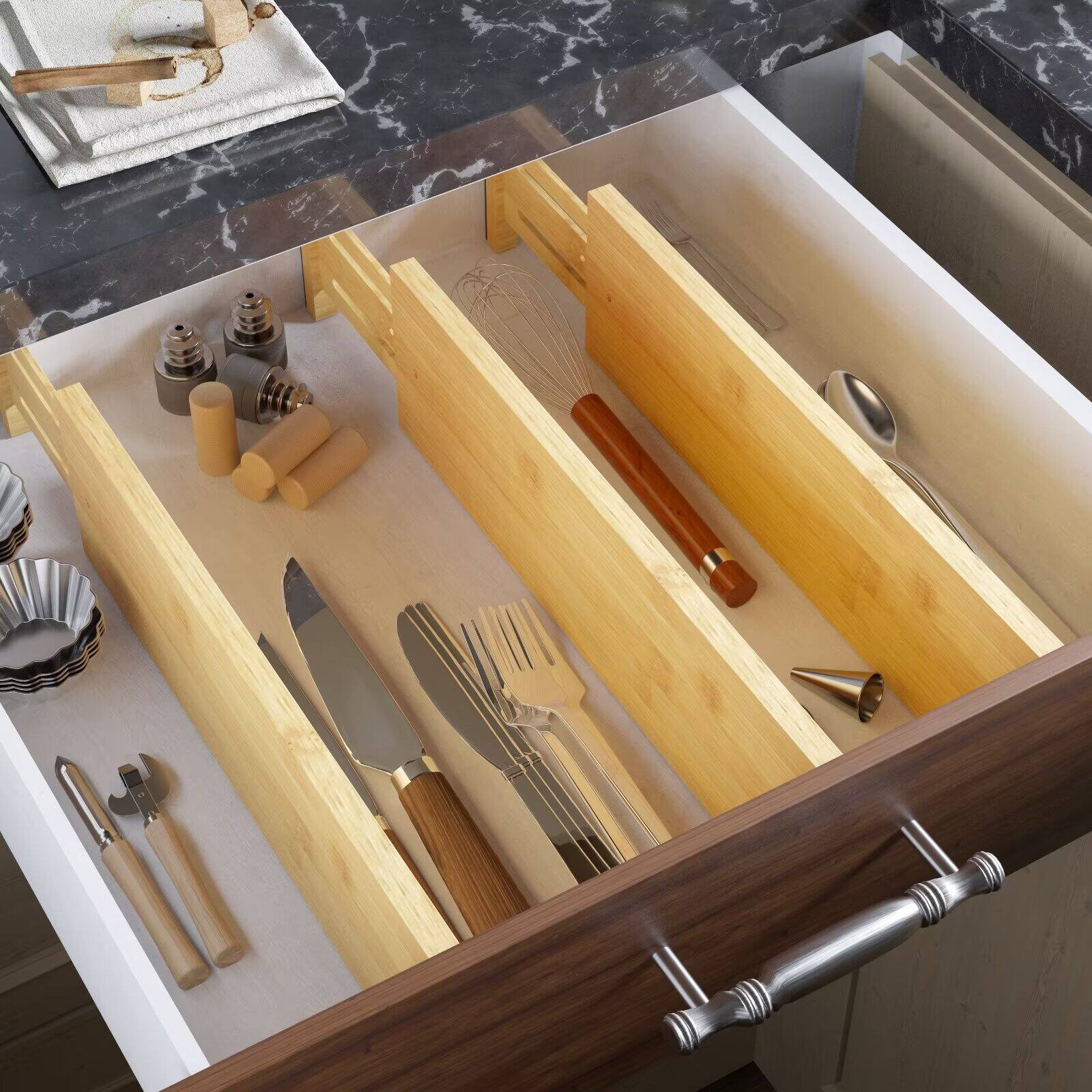 Alt View 1. Tooloton - Expandable Drawer Dividers 4-Pack, Adjustable 17-22 Inch, 4.65" High Organizer for Clothing and Dressers, Natural - Natural.