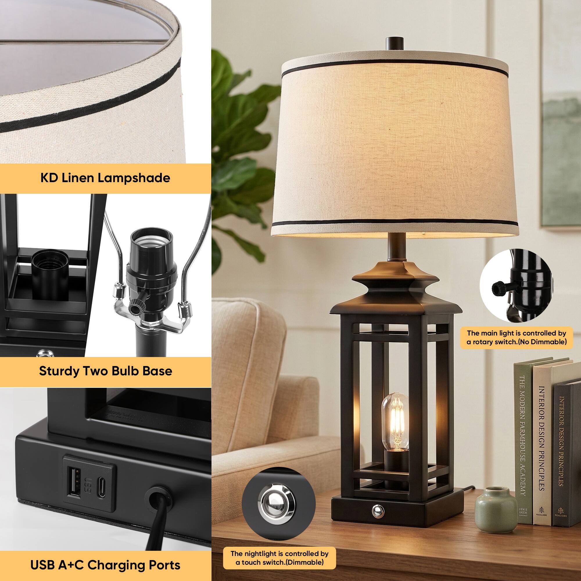 KD Linen Lampshade  
Sturdy Two Bulb Base  
The main light is controlled by a rotary switch. (No Dimmable)  
USB A+C Charging Ports  
The nightlight is controlled by a touch switch. (Dimmable)