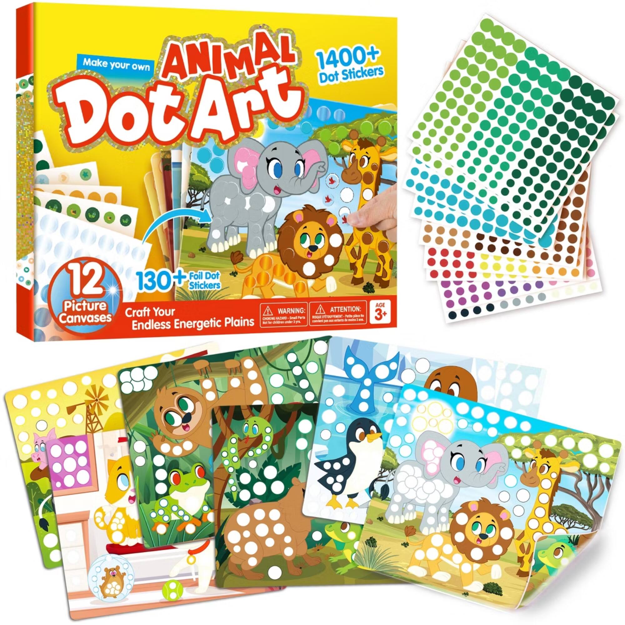 Make your own ANIMAL Dot Art  
1400+ Dot Stickers  
12 Picture Canvases  
130+ Foil Dot Stickers  
Craft Your Endless Energetic Plains  
WARNING: ATTENTION  
AGE 3+