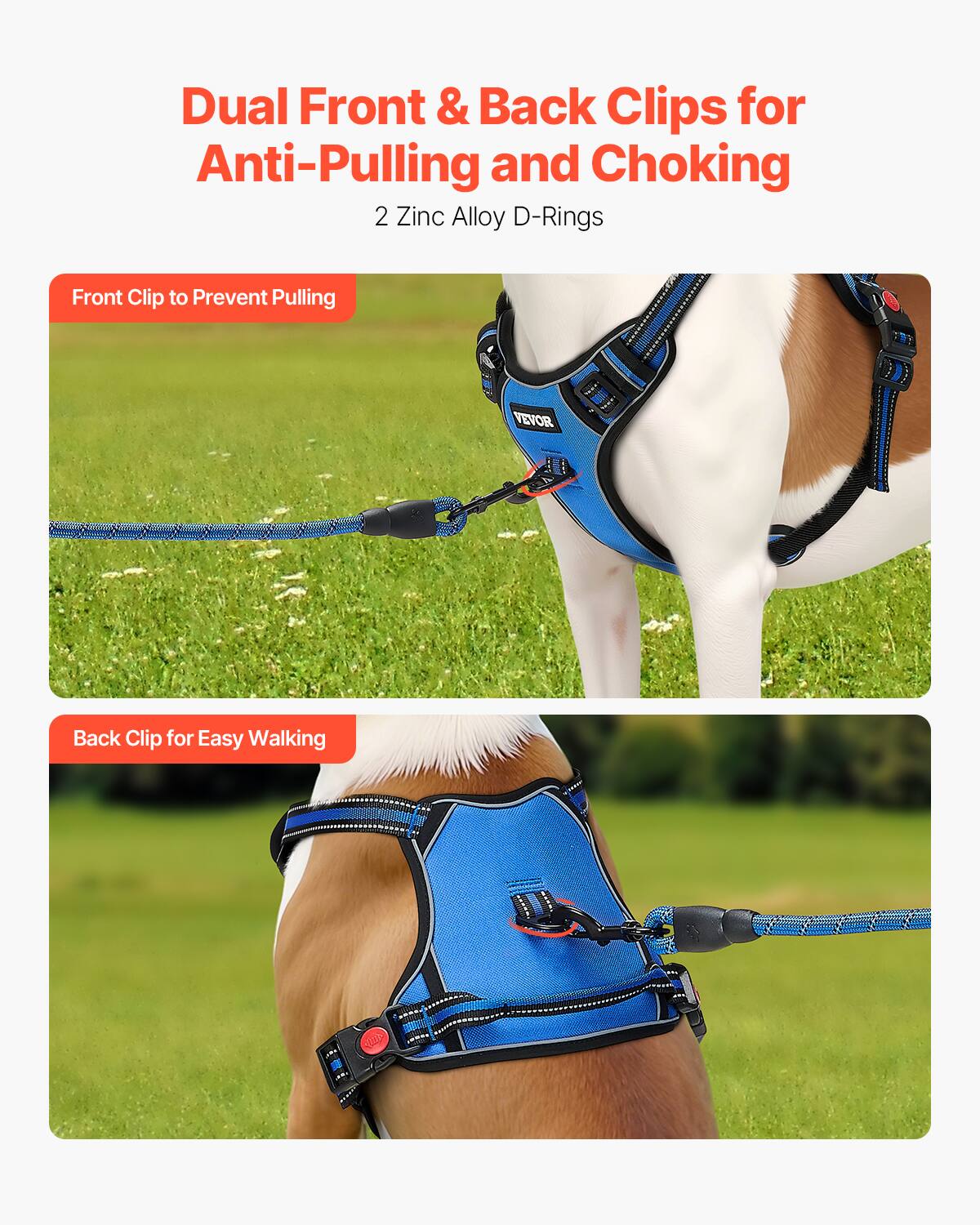 Dual Front & Back Clips for Anti-Pulling and Choking  
2 Zinc Alloy D-Rings  

Front Clip to Prevent Pulling  

Back Clip for Easy Walking