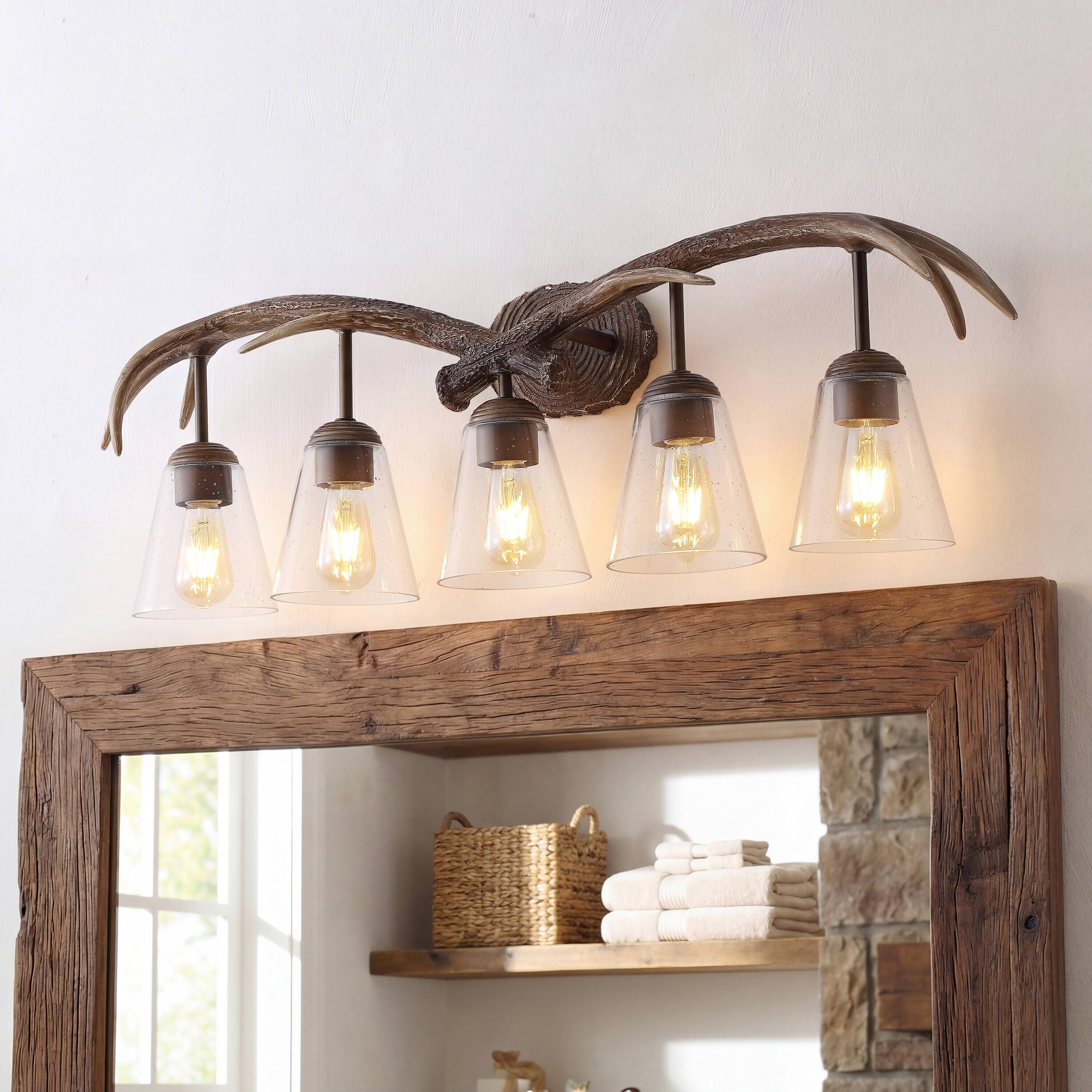 Alt View 1. Jonathan Y - Wyatt 37.75" 5-Light Southwestern Bohemian Resin/Seeded Glass Faux Antler LED Vanity Light, Brown Wood Finish - Brown Wood Finish.