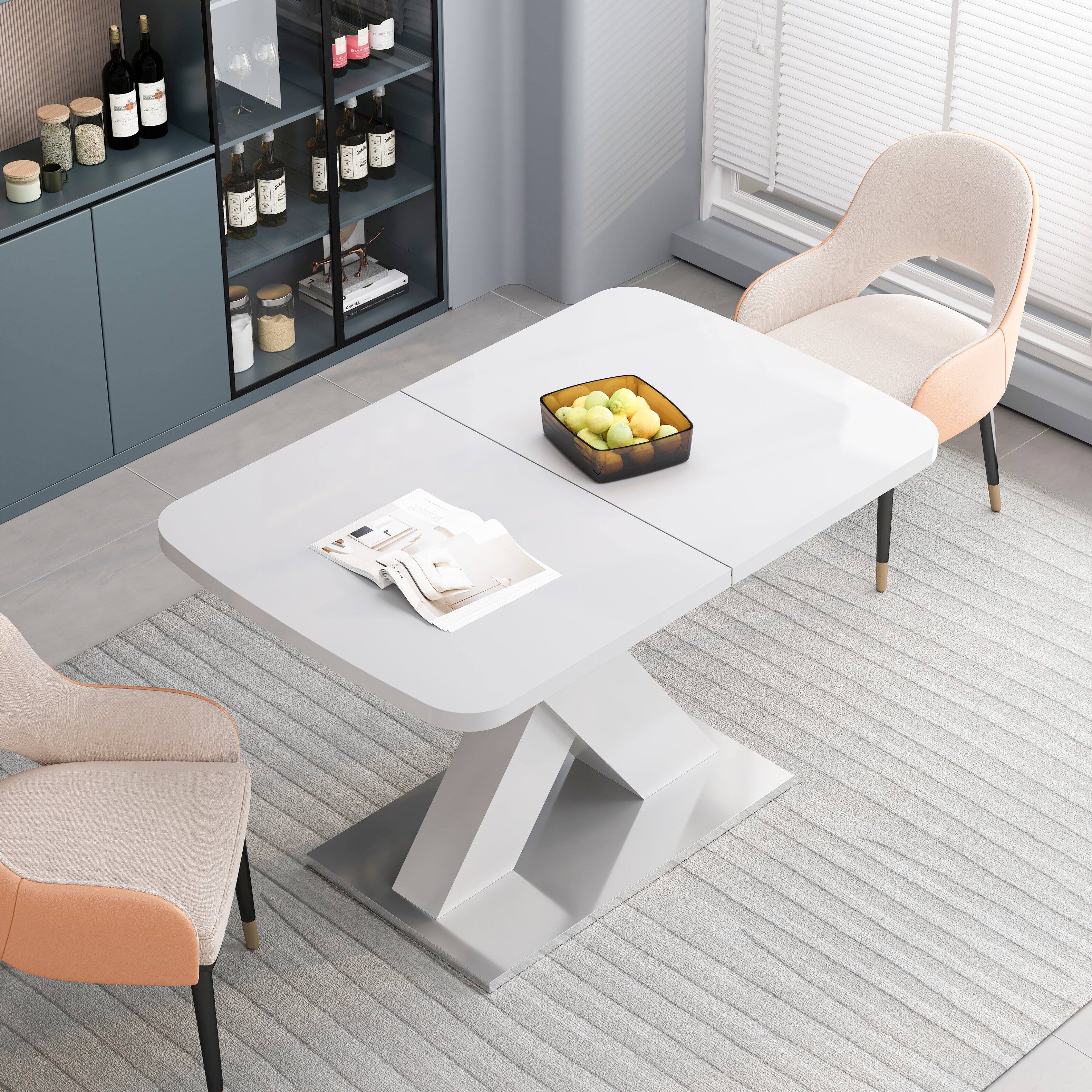 Back. Tiramisubest - Modern Square Dining Table, Stretchable, White Table Top + MDF X-Shape Table Leg with Metal Base - White.