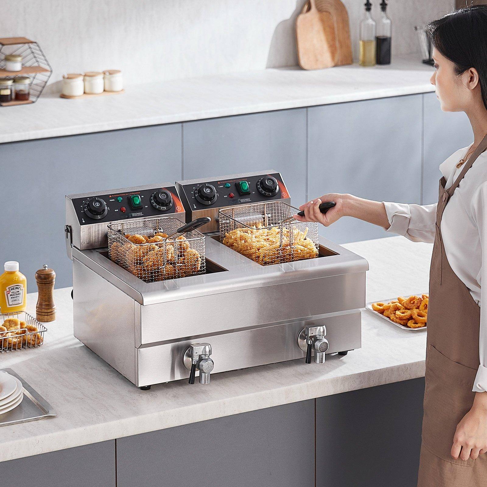 Alt View 1. Glintex - Commercial Deep Fryer Dual Tank 3000W Electric Countertop 11L x2 Stainless Steel Oil Fryer with Filtration System - Silver.