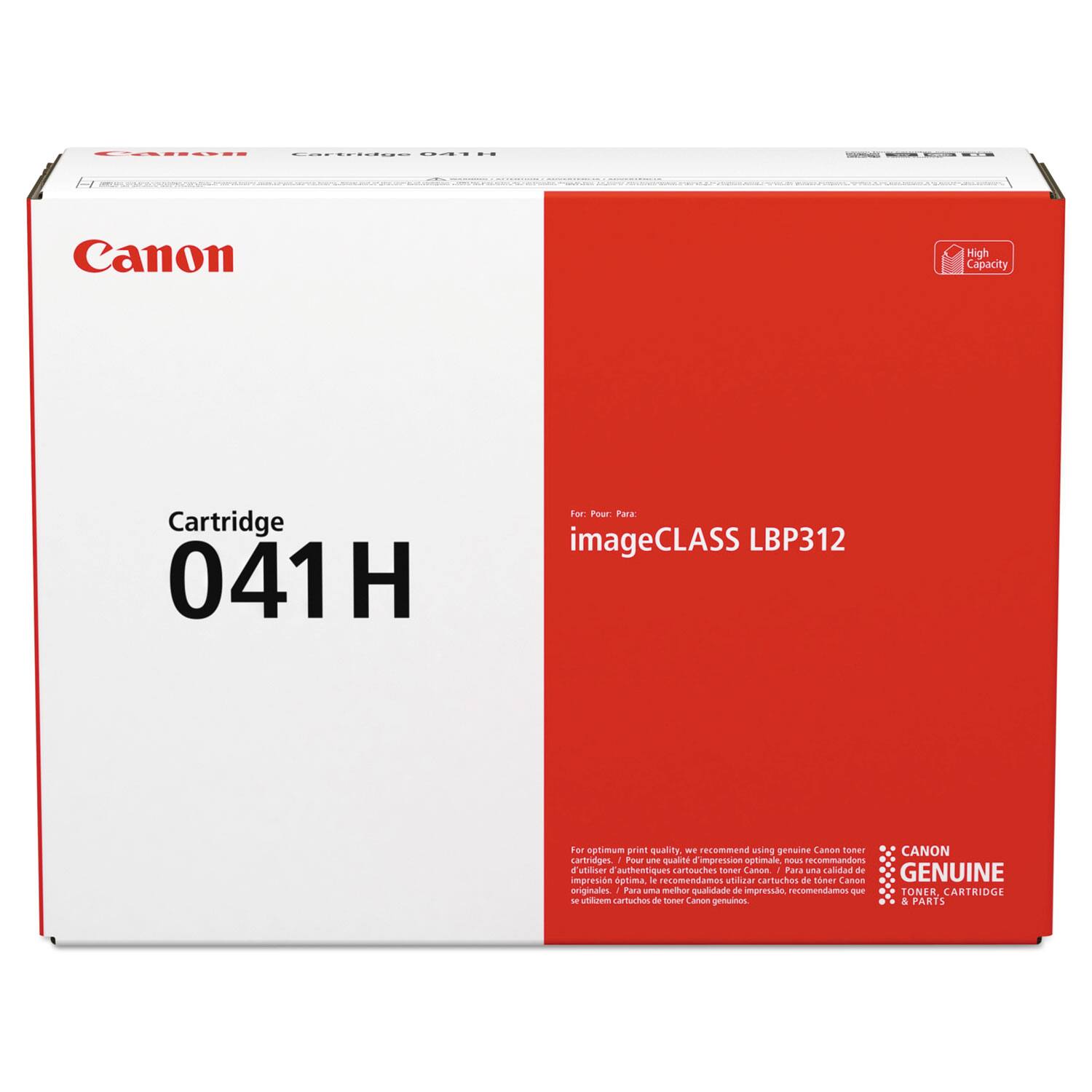 Sure, here is the corrected and grouped text:

---

**Canon**

**Cartridge 041H**

**For: imageCLASS LBP312**

**High Capacity**

**For optimum print quality, we recommend using genuine Canon toner cartridges.**

**Pour une qualité d'impression optimale, nous recommandons l'utilisation de cartouches de toner Canon originales.**

**Para una calidad de impresión óptima, recomendamos utilizar cartuchos de toner Canon originales.**

**CANON GENUINE TONER CARTRIDGE & PARTS**

---