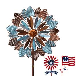 A Anleolife - 84 in. H Large Metal Kinetic Wind Spinner Classic Yard Art with 2 Piece Welcome Flag Decoration for Garden - Multi-Colored