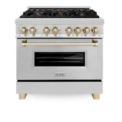 Front. ZLINE - Autograph 36 in. 4.6 cu. ft. Legacy Freestanding Dual Fuel Range with 6 Burners & Convection Oven w/ Gold Accents - Stainless Steel/Polished Gold Accents.