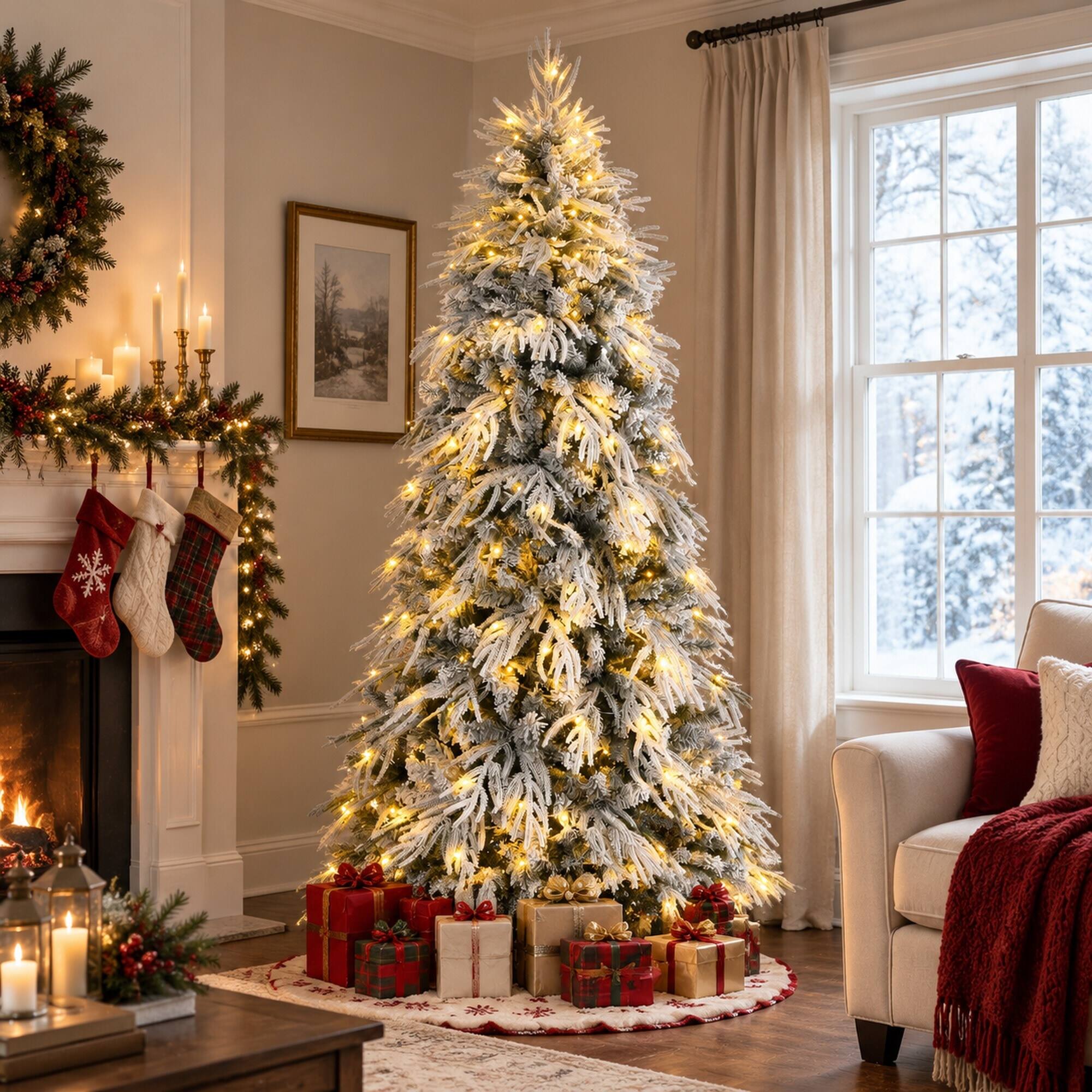 Left. RYHNUYNE - 8FT Pre-Lit Slim Flocked Christmas Tree With 350 Warm White LED Lights and 950 Tips, Metal Stand for Narrow Spaces - White.