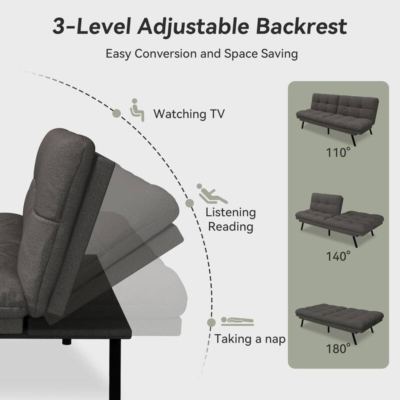 3-Level Adjustable Backrest  
Easy Conversion and Space Saving  

Watching TV 110°  
Listening Reading 140°  
Taking a nap 180°