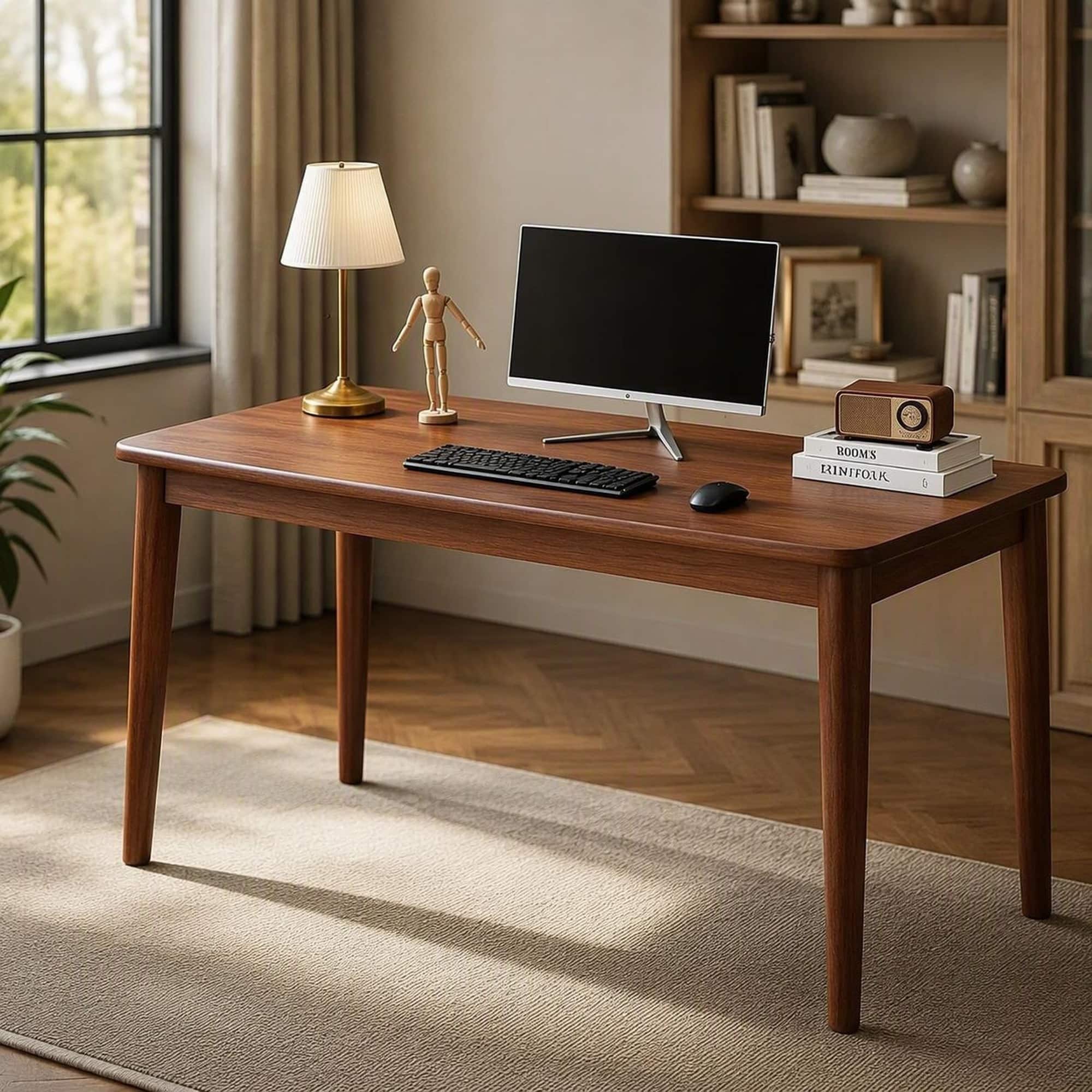 RYHNUYNE - Solid Rubberwood Writing Desk, 63 x 19.7 Inches, Mid-Century Modern Narrow Desk for Bedroom, Small Spaces, Finish - Walnut