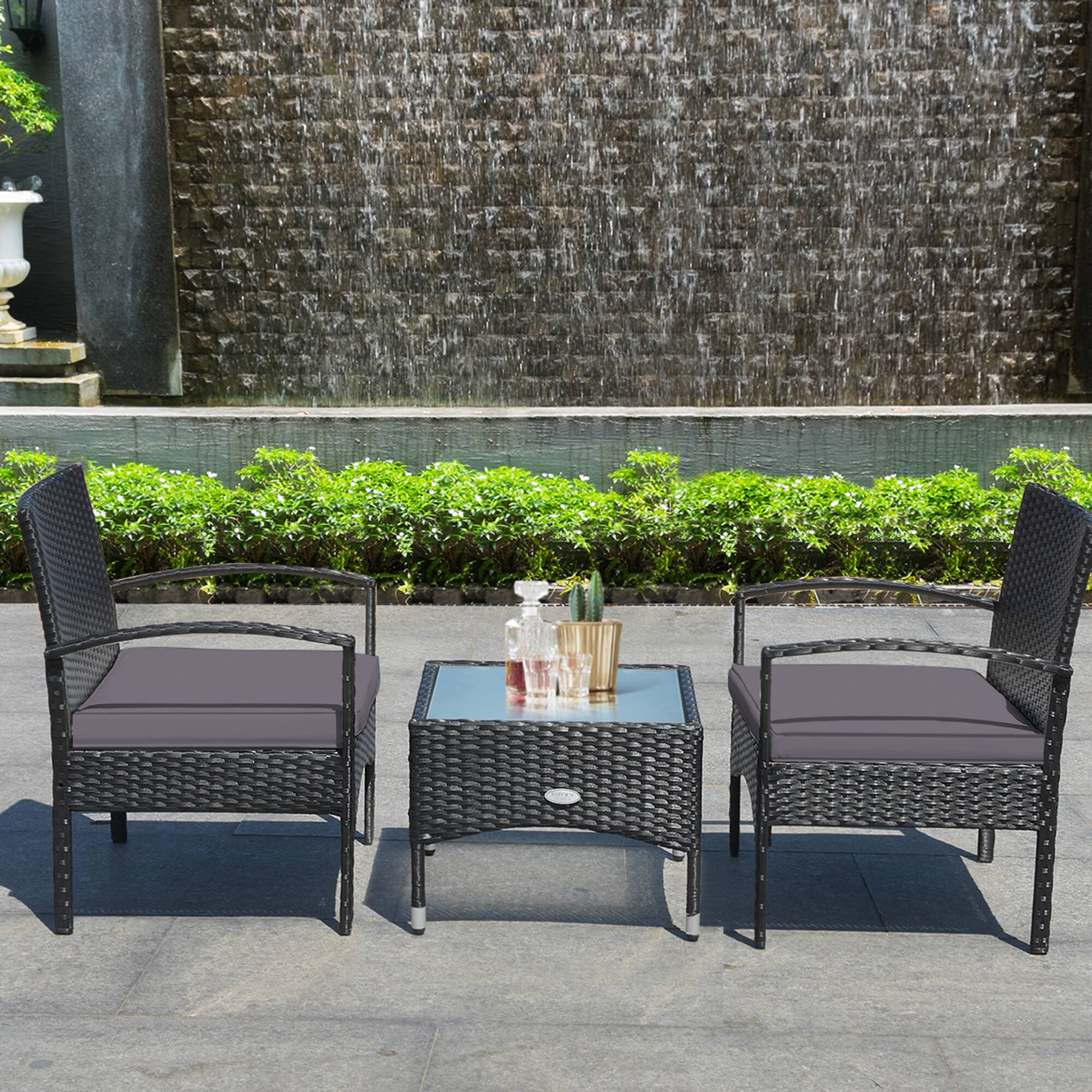 Alt View 9. Gymax - Gymax 3 PCS Patio Wicker Rattan Furniture Set Coffee Table & 2 Rattan Chair w/ Cushion Grey - Grey.