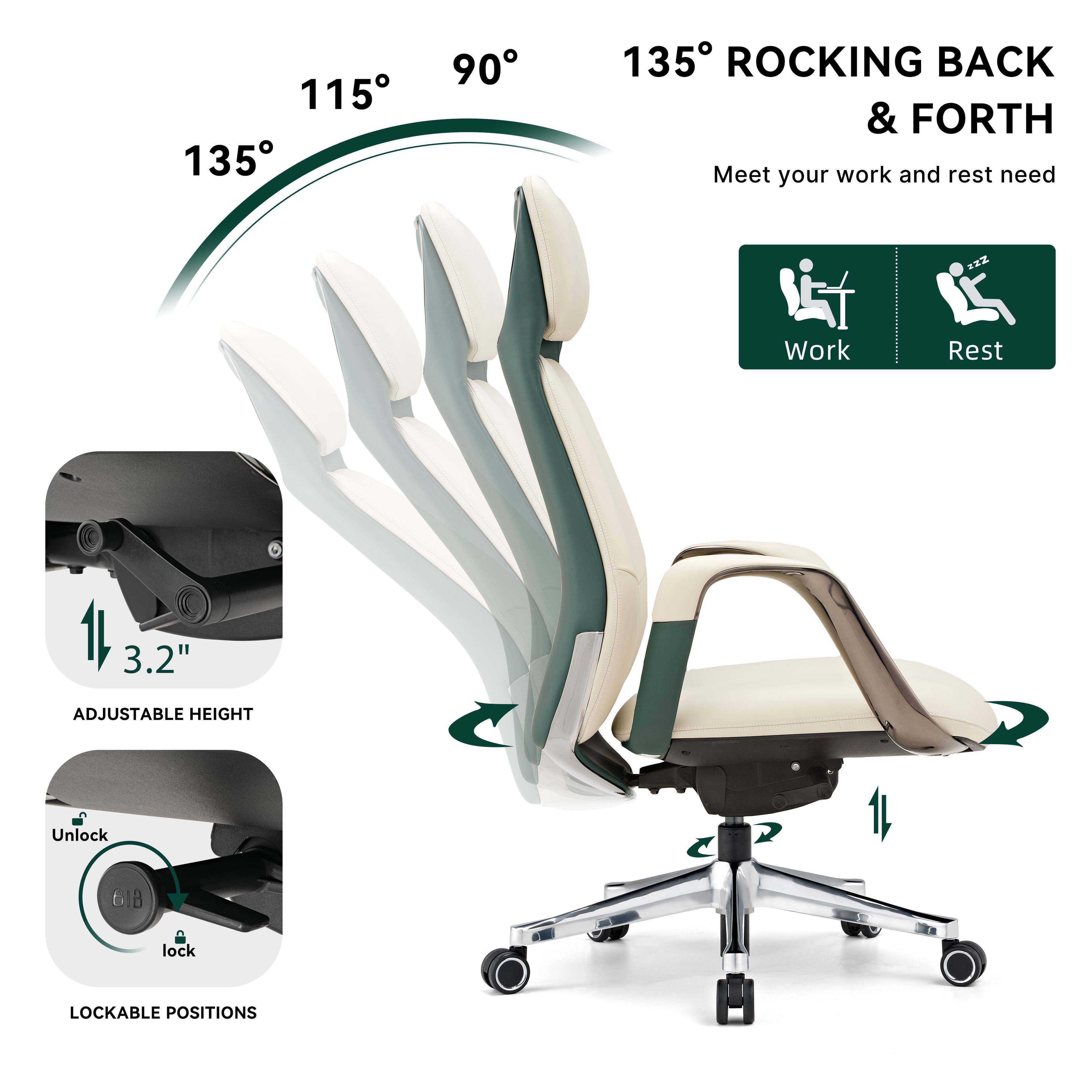115° 90° 135° ROCKING BACK & FORTH  
Meet your work and rest need  
Work Rest  
11, 3.2" ADJUSTABLE HEIGHT  
Unlock lock  
LOCKABLE POSITIONS