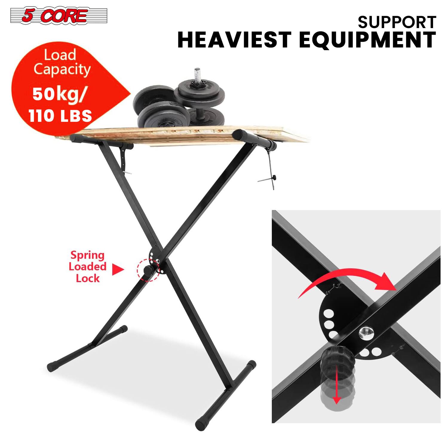 5 CORE Load Capacity 50kg/ 110 LBS SUPPORT HEAVIEST EQUIPMENT Spring Loaded Lock