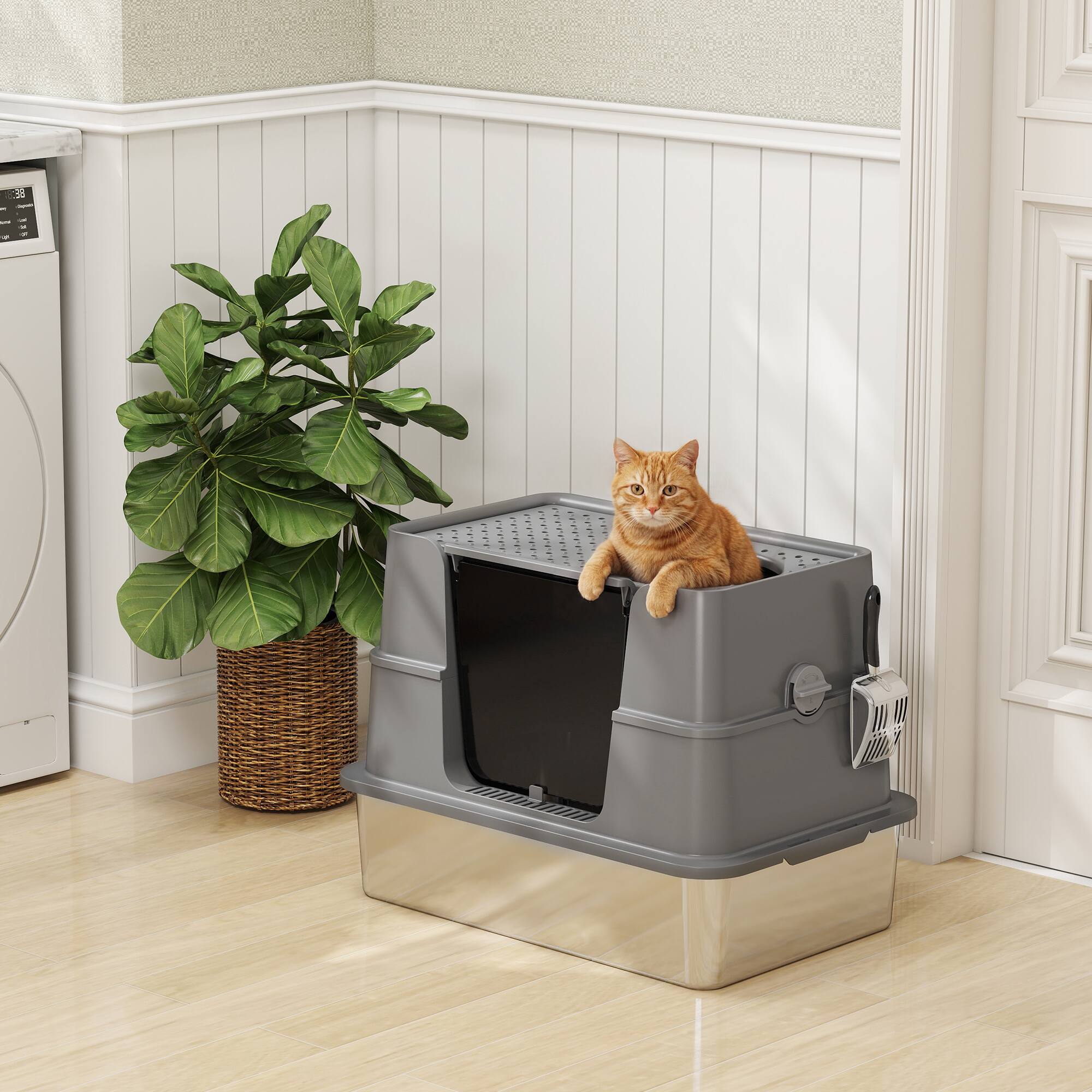 Alt View 7. Pawhut - Stainless Steel Litter Box w/ 100° Flip Top, Scoop - Dark Gray.