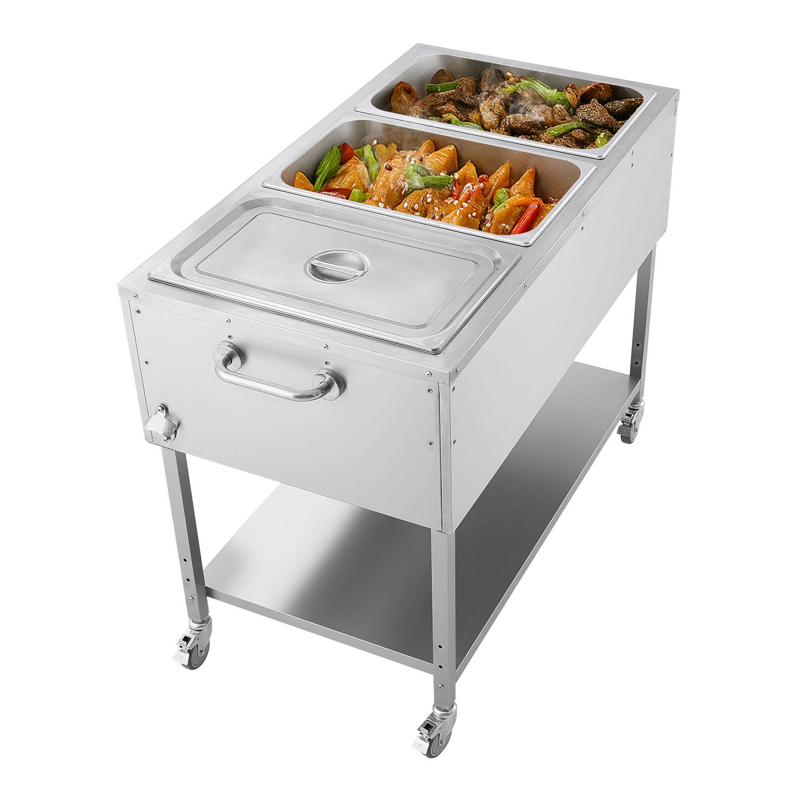 Alt View 5. VEVOR - 3-Pan Commercial Propane Steam Table, LP Gas Outdoor Soup Warmer with Drain Valve and 3" Wheels, Stainless Steel - Silver.